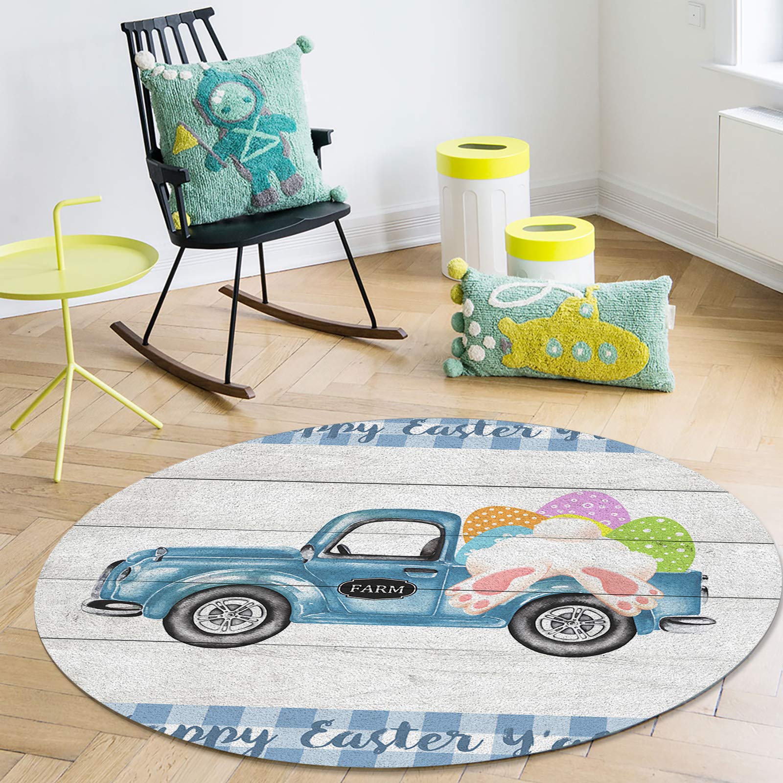 Large Round Non-Slip Area Rug - Blue Truck Oil Painting Design with Bunny Footprints, 4ft Washable Floor Mat for Bedroom, Living Room & Kids Room | Perfect for Easter Decor, Spring Home Decor & Indoor Safety