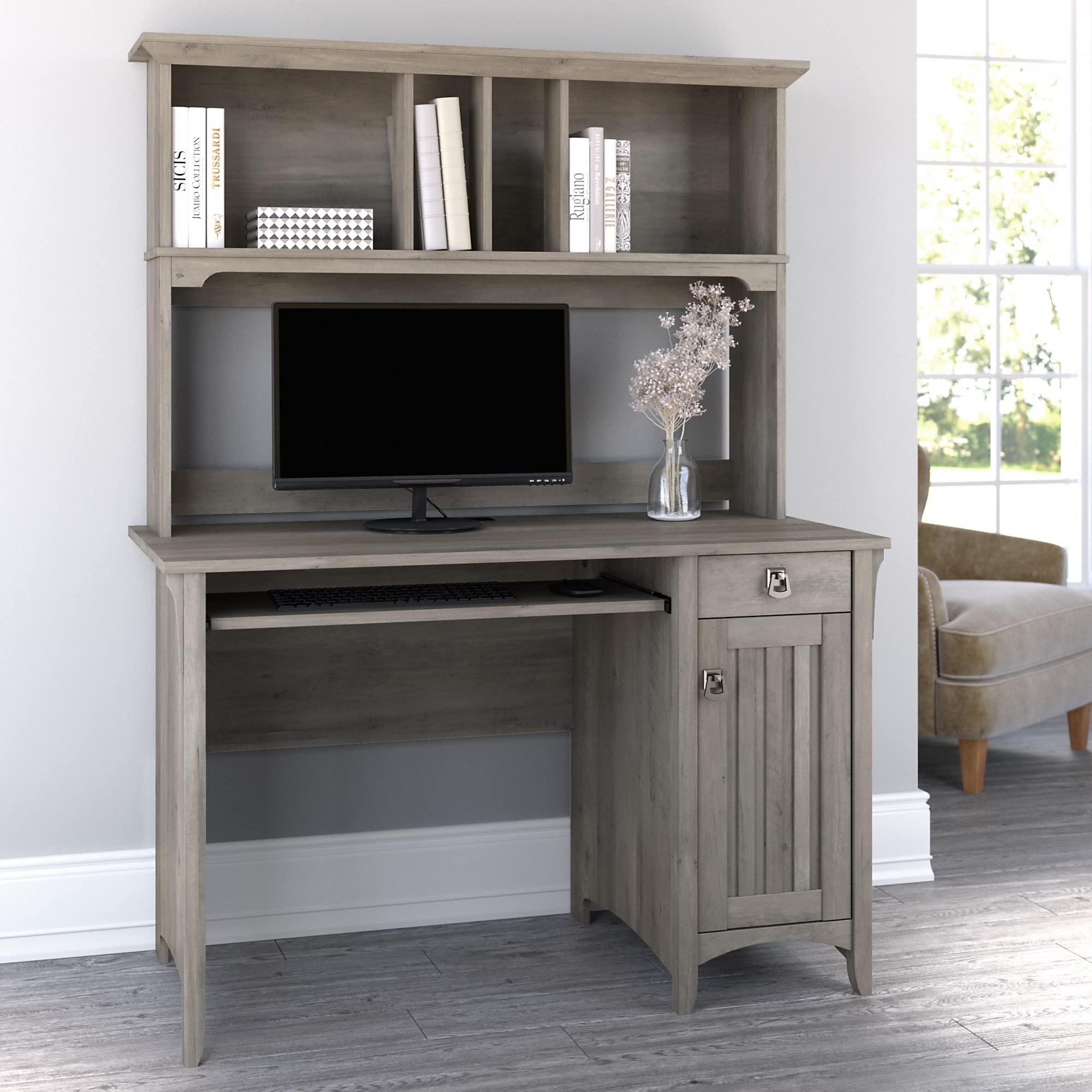 Bush Furniture Salinas Computer Desk with Hutch - Modern Driftwood Gray Study Table with Drawers, Cabinets & Pullout Keyboard Tray | Home Office Desk with Storage for Small Spaces | Perfect for Remote Work, Online Classes & Gaming Setup