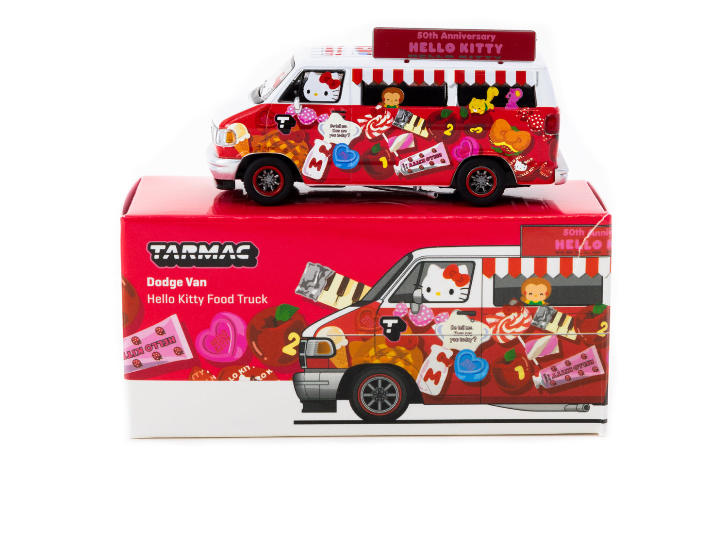 Tarmac Works 1/64 Scale Dodge Van Hello Kitty Food Truck Diecast Model Car - Perfect for Collectors, Kids Play & Home Decoration