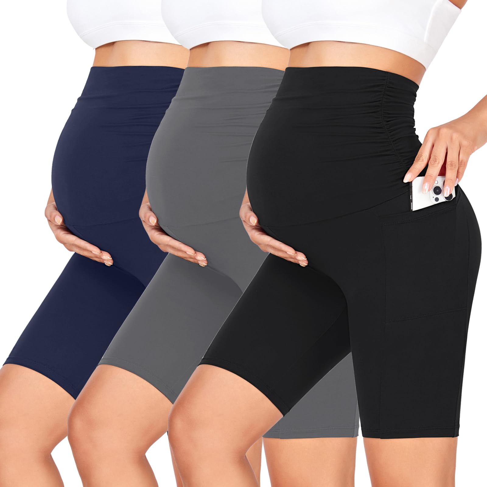 GROTEEN 3 Pack Women's Maternity Shorts - Over Belly High Waisted Yoga Workout Shorts with Pockets | 8'' Pregnancy Biker Shorts for Comfort & Support | Perfect for Maternity Yoga, Gym & Everyday Wear