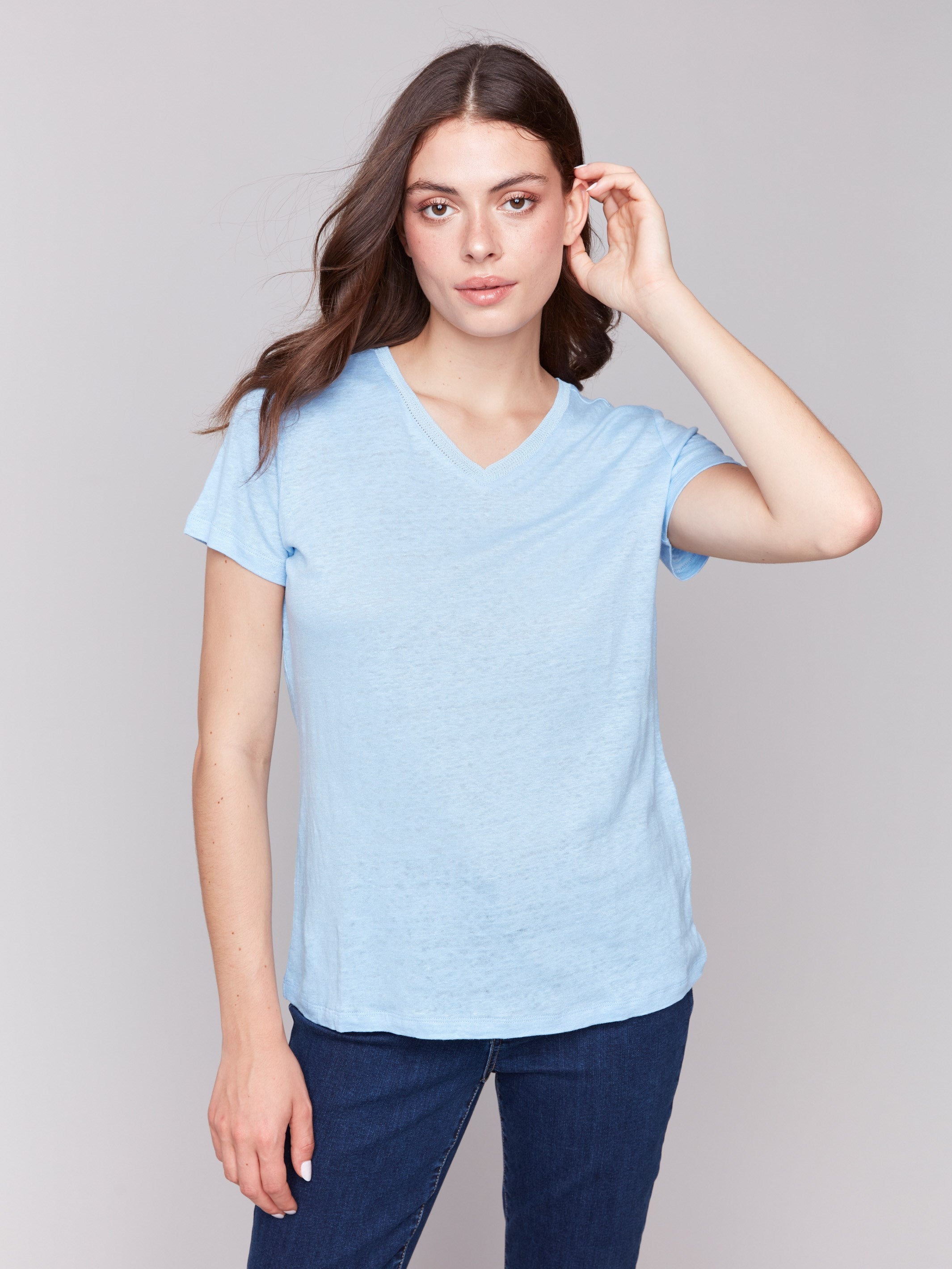 Soft Linen Blend V-Neck T-Shirt for Women - Breathable & Comfortable Bluebell Blue Tee - Perfect for Casual Wear, Summer Outfits & Layering
