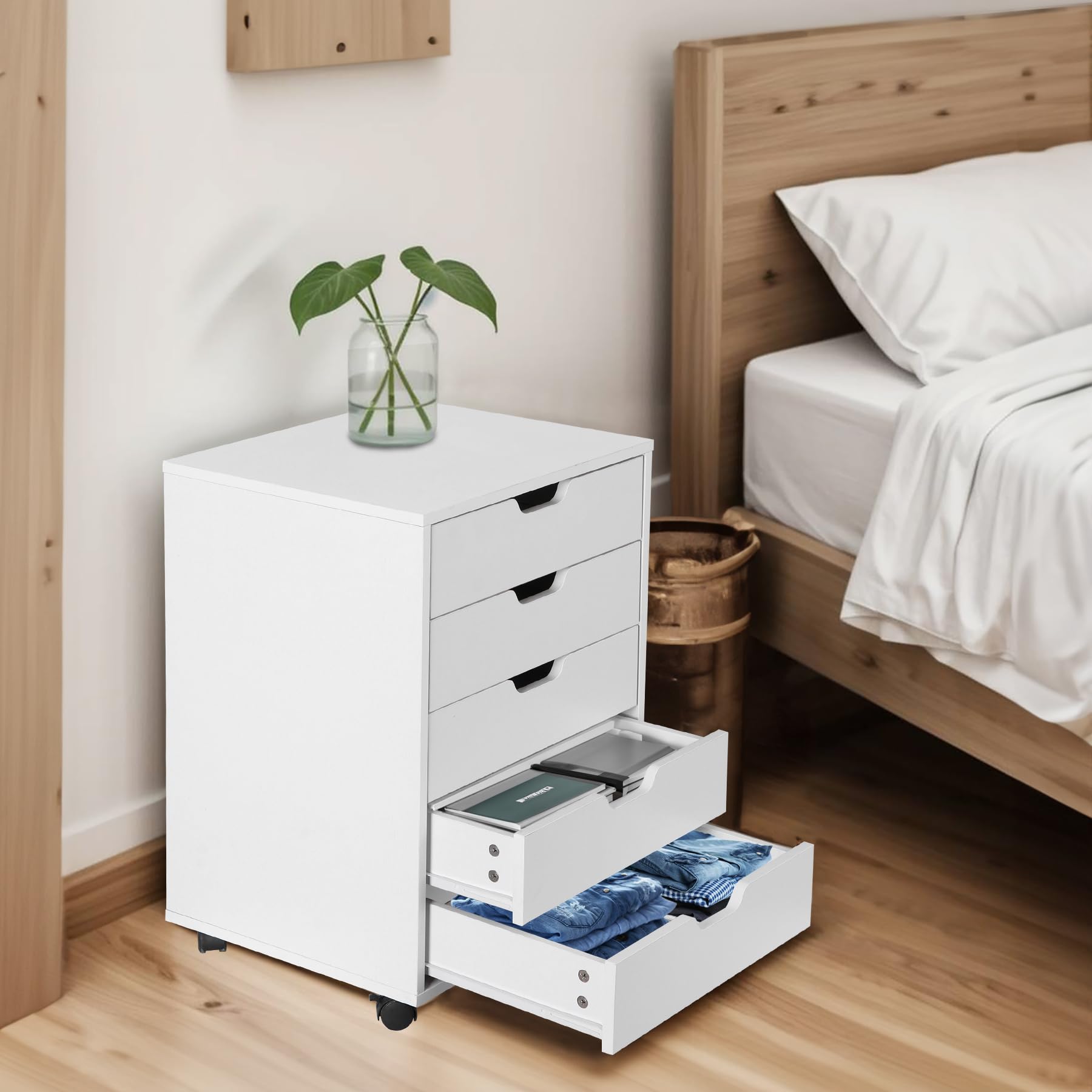 5-Drawer Mobile File Cabinet with Wheels - Under Desk Storage Organizer for Home Office, Small Rolling File Chest & Printer Stand - Modern White Office Furniture for Documents & Supplies (Large, NF0293) - Perfect for Home Offices, Small Spaces & Workspace Organization