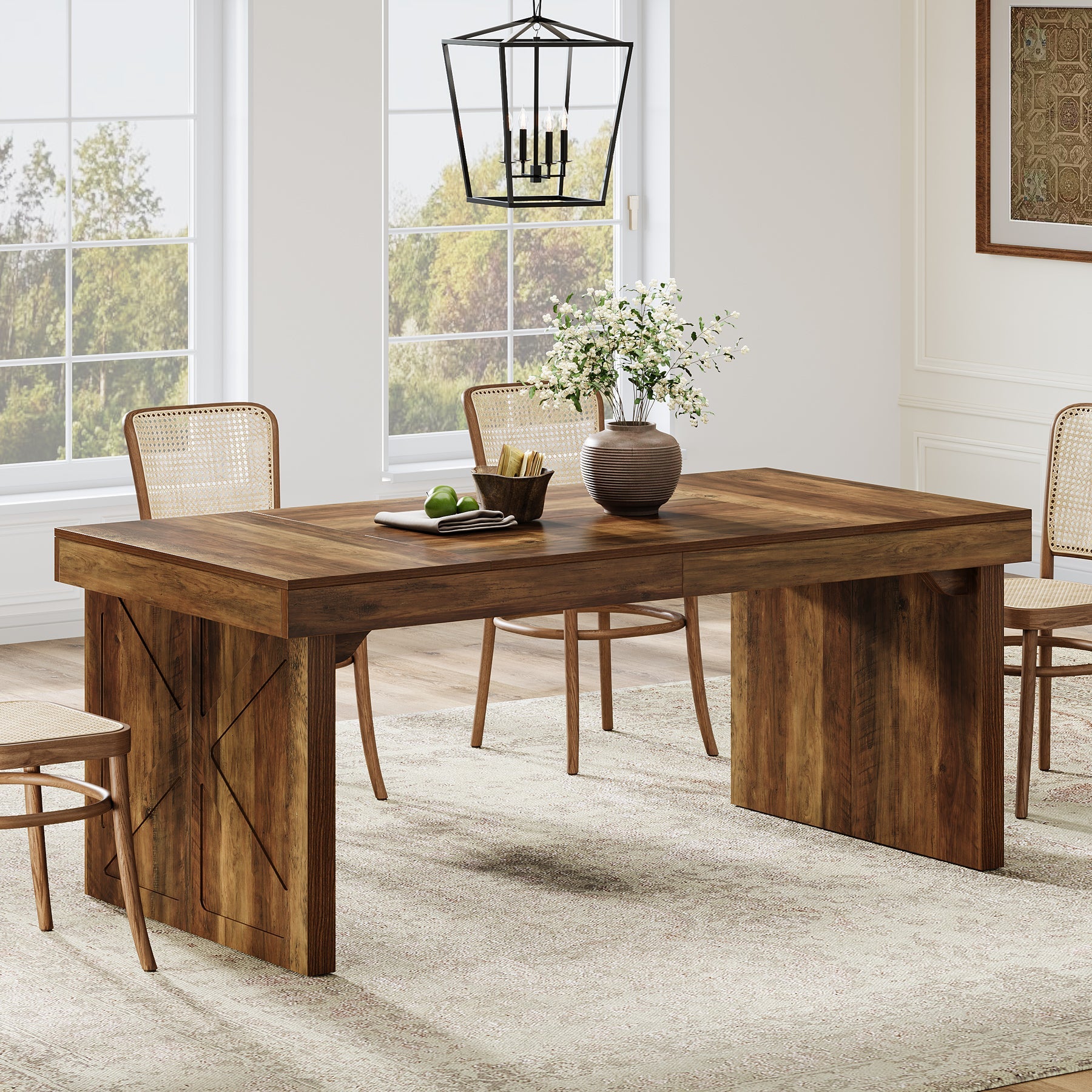 Rustic Wood Dining Table - 63 Inch Rectangular Kitchen Table for Farmhouse, Dining Room & Family Gatherings