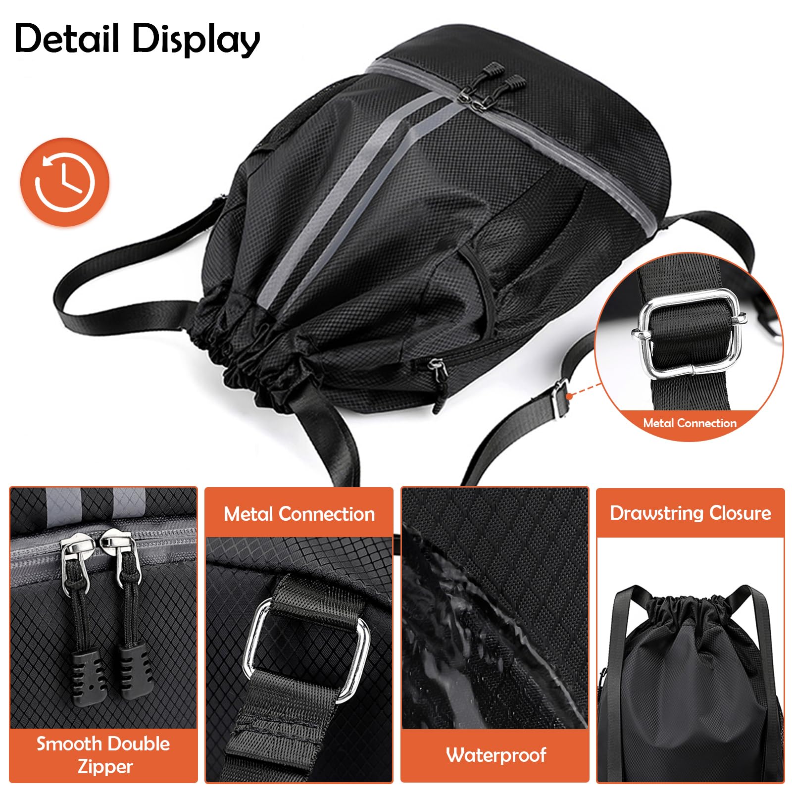 **Waterproof Drawstring Backpack with Zipper, Shoe Compartment & Wet Pocket - Lightweight Gym Sack for Men & Women - Perfect for Travel, Soccer, Swimming & Workout (Black)**