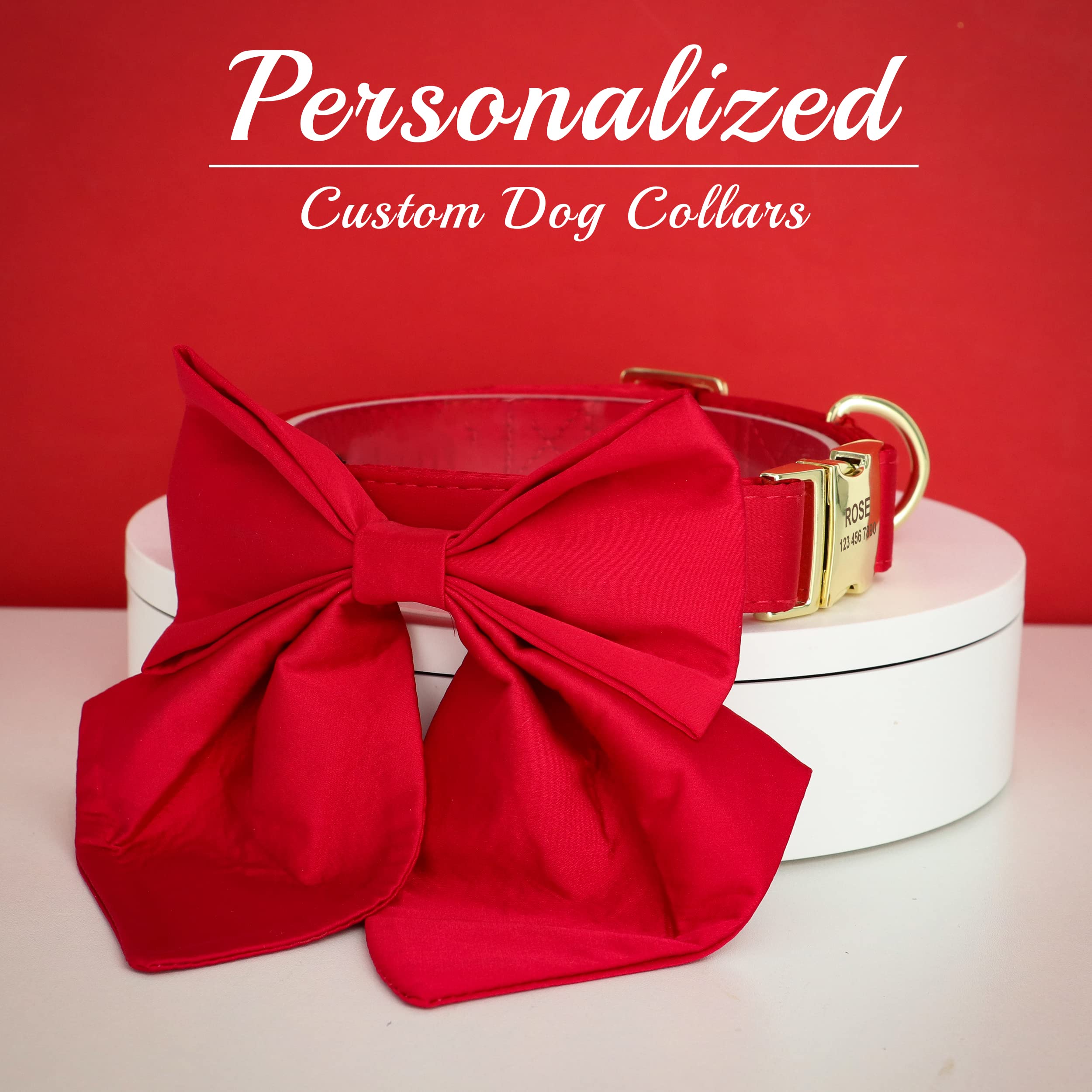 Beirui Personalized Dog Collar with Large Bow - Adjustable Soft & Durable Pet Collar with Golden Metal Buckle for Small Medium Large Dogs - Perfect for Holidays, Weddings & Special Occasions (Red, Medium)