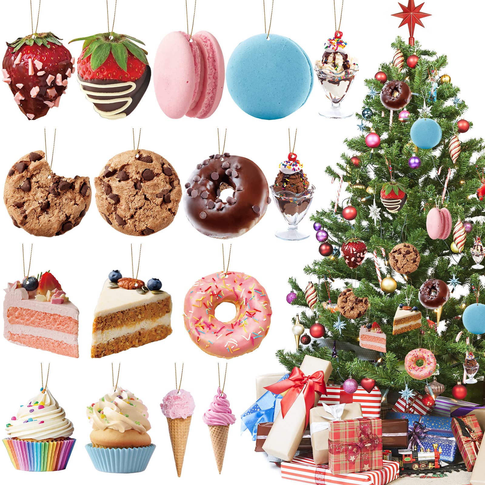 32-Piece Pastel Christmas Wooden Candy Ornaments Set - Xmas Tree Hanging Decorations for Holiday Party, Cupcake, Donut & Ice Cream Shaped Ornaments - Perfect for Christmas Tree Decor, Candy Buffet & Festive Home Decoration