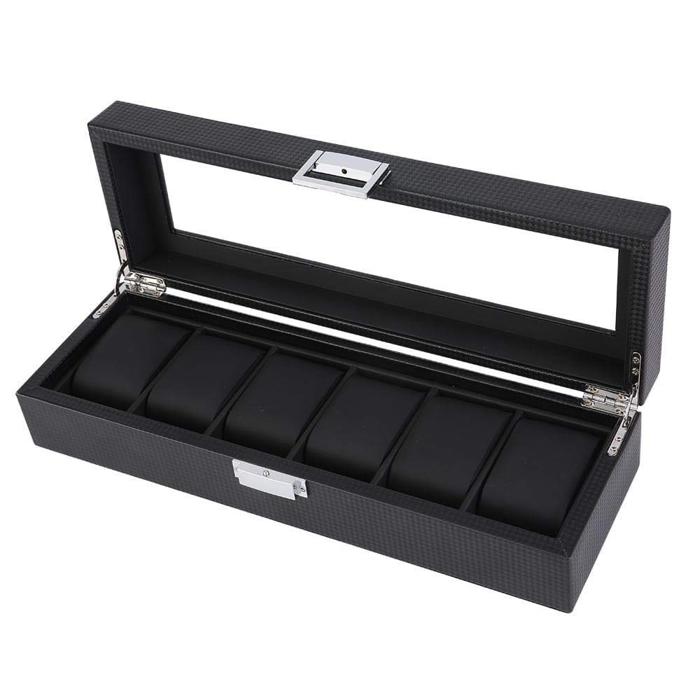 Authentic Wooden Jewelry Box with Glass Lid & Lockable Clasp - 6 Slot Leather Lined Watch & Ring Organizer - Perfect for Home Storage, Travel & Gift Giving (Black)