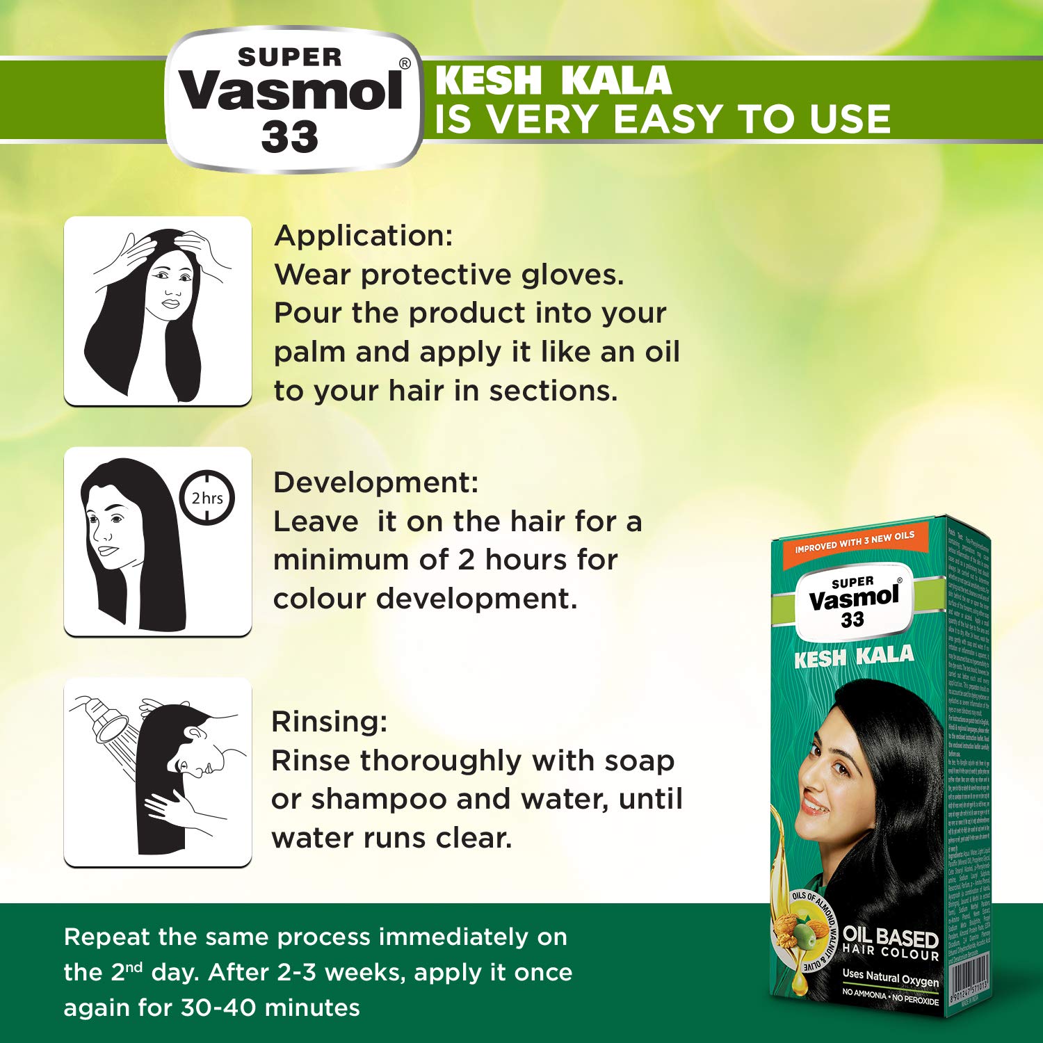 Vasmol Kesh Kala Oil Based Hair Color - 100ml (3 Pack) - Natural Black Hair Dye for Women & Men - Long Lasting & Nourishing - Perfect for Home Use & Salon Styling