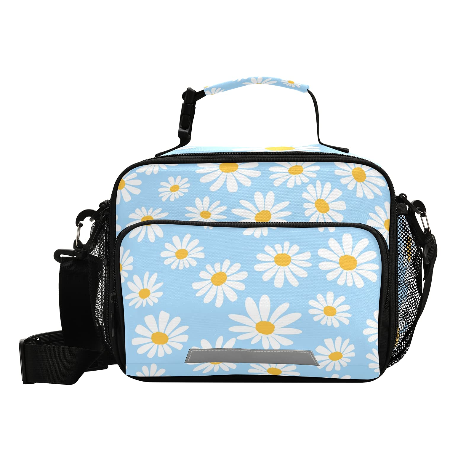 Xigua Insulated Lunch Bag with Detachable Shoulder Strap - Daisy Flower Design on Blue Background, Thermal Cooler Tote for School, Office, Picnic & Travel - Perfect for Students, Men & Women