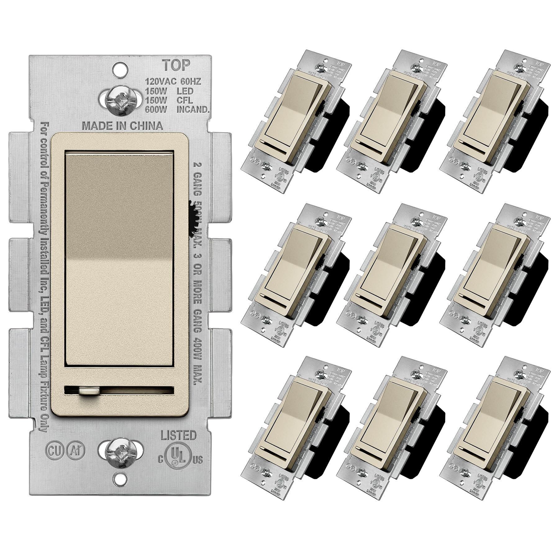 BESTTEN 10 Pack Matte Champagne Gold Dimmer Light Switch - Single Pole/3-Way - Works with Dimmable LED, CFL, Incandescent & Halogen Bulbs - 120VAC - UL Listed - Perfect for Living Room, Bedroom & Dining Room Lighting Control