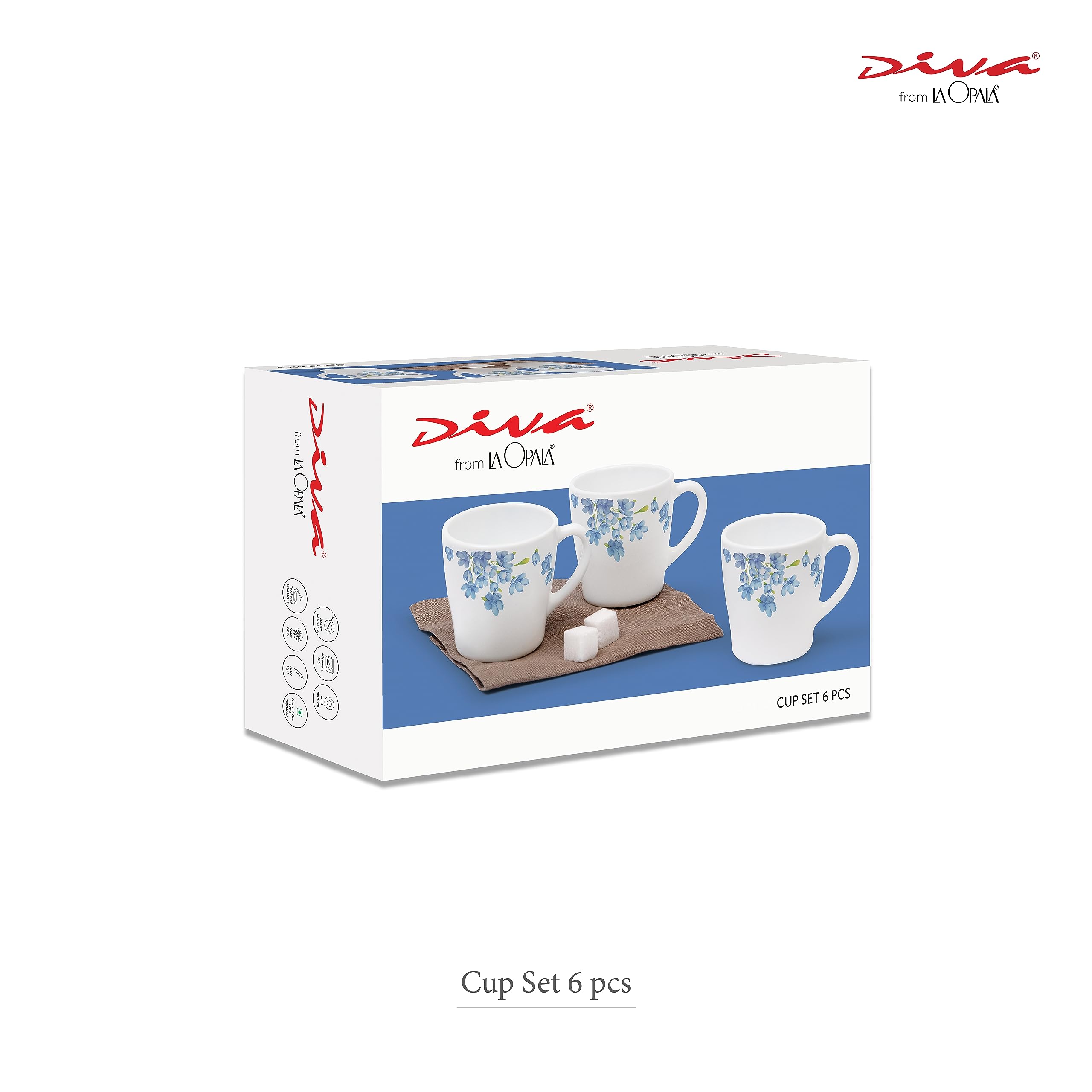 La Opala Diva Opal Glass Tea Cups Set of 6 - 160ml Microwave Safe Coffee Mugs in Aster Blue | Premium Toughened Glassware for Hot Beverages | Perfect for Home, Office, Restaurants & Gifts