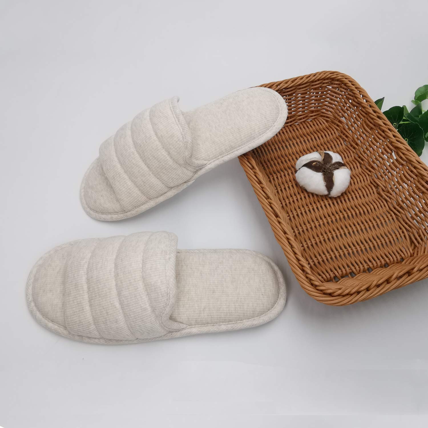 ofoot Women's Cotton Memory Foam Summer House Slippers - Breathable Indoor Slides with Non-Slip Rubber Sole | Comfortable Open-Toe Bedroom Sandals for Home, Spa & Relaxation