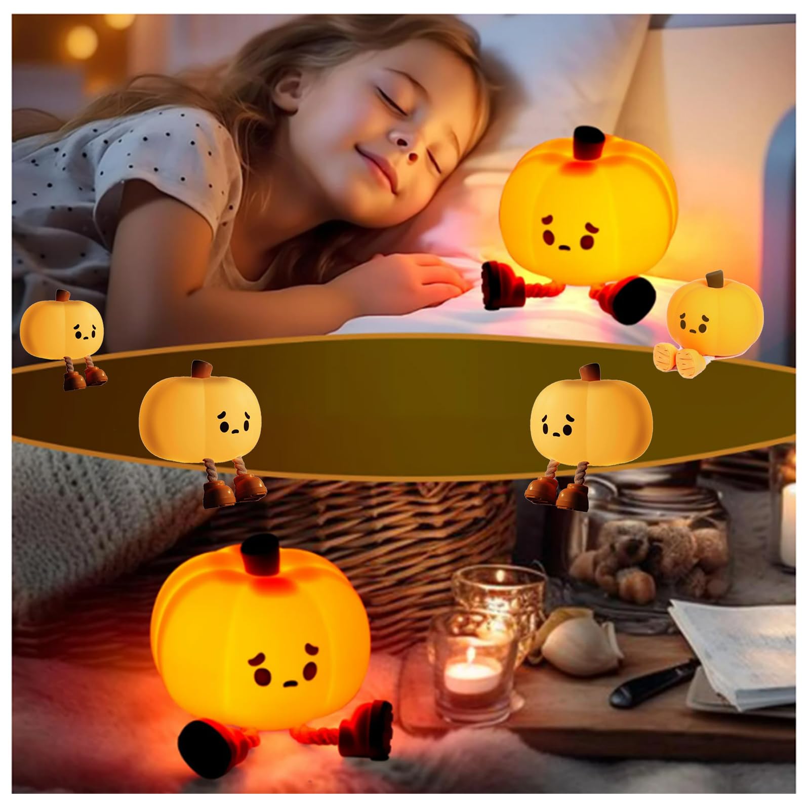 **Sad Pumpkin Night Light with Feet - Halloween LED Touch Light, Cute Silicone Pumpkin Decor for Bedroom, Nursery, or Halloween Party (1-Pack)**    *场景补充: Perfect for spooky Halloween decor, cozy bedroom ambiance, or kids' nightlight.*