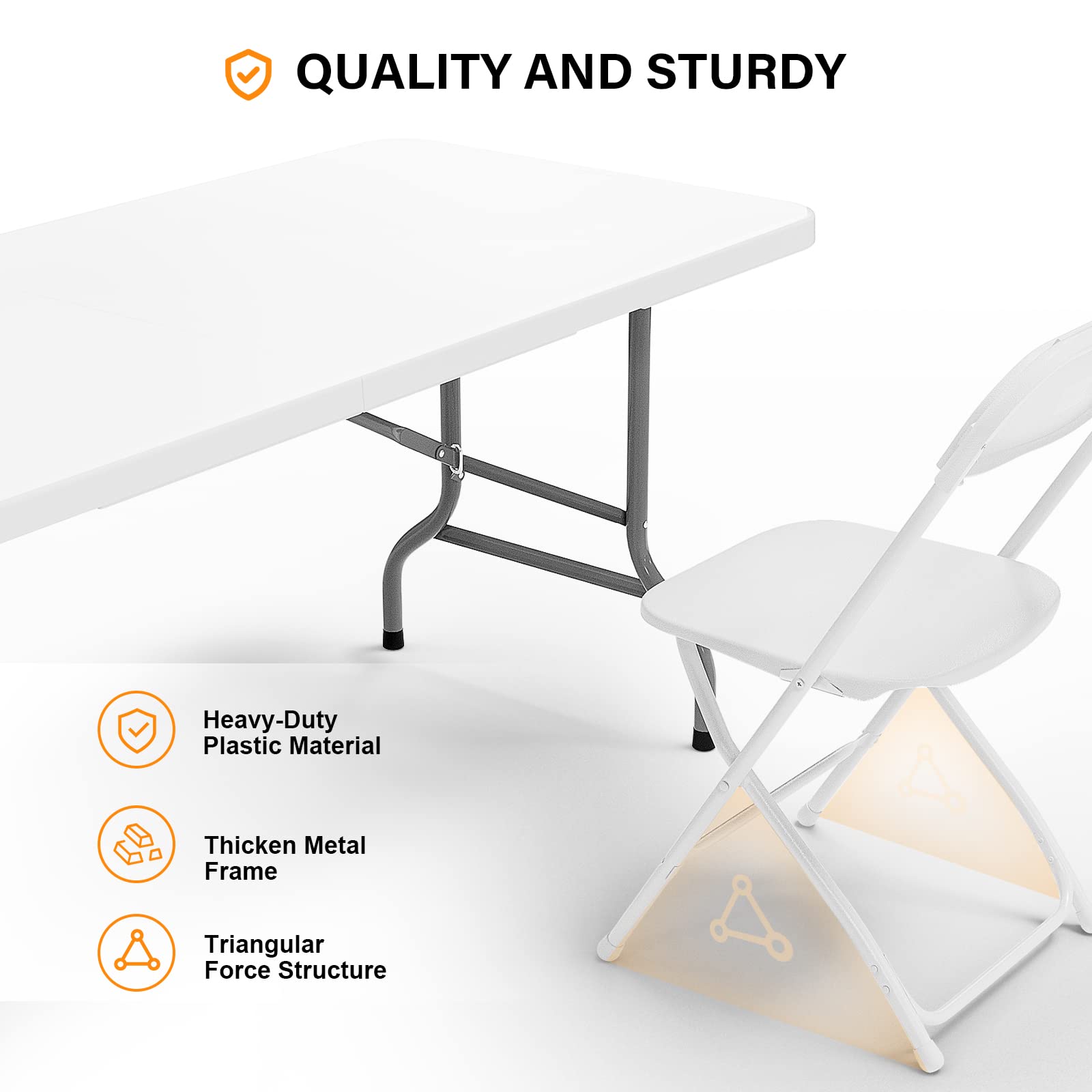 VINGLI 6 FT Plastic Folding Table with 8 White Folding Chairs Set - Portable Lightweight for Picnic, Party, Camping, Outdoor Events, Home & Office Use - Perfect for Backyard BBQ, Wedding, Banquet & Conference