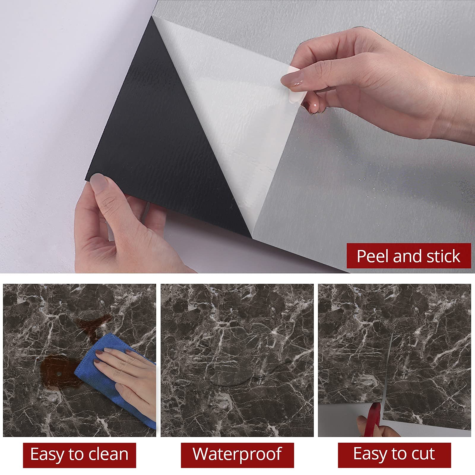 Waterproof Black Marble Peel and Stick Floor Tiles - 10 Pack 12