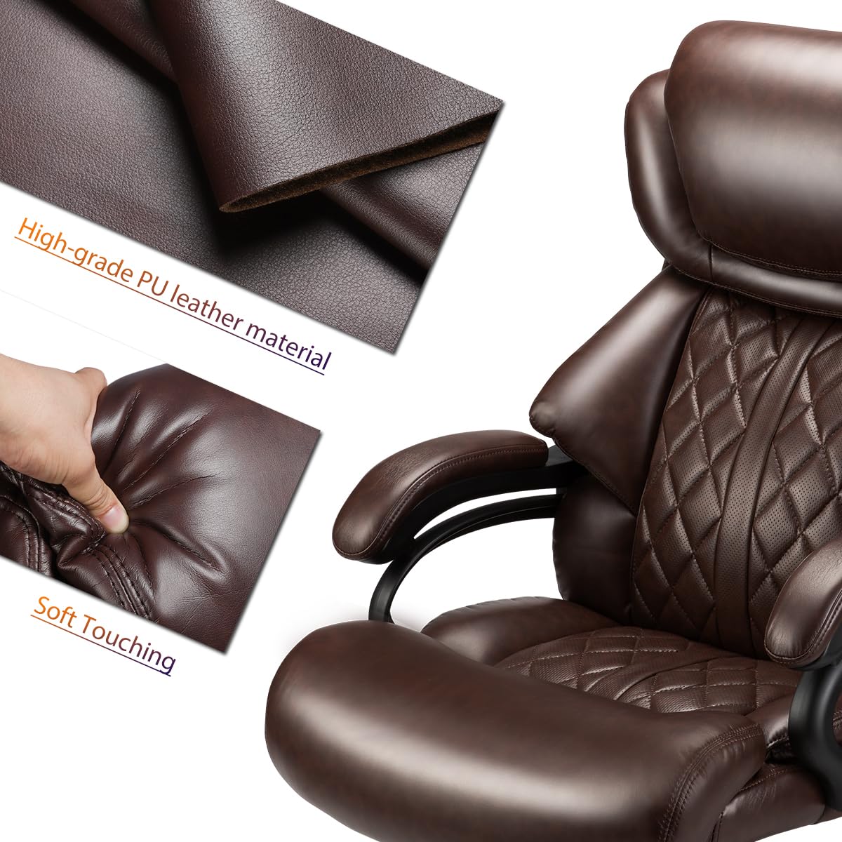 500lbs Heavy Duty Big and Tall Office Chair - Wide Spring Seat Executive Desk Chair with 360° Swivel & Reinforced Casters - Ergonomic Support for Home Office, Gaming, or Commercial Workspaces (Brown)