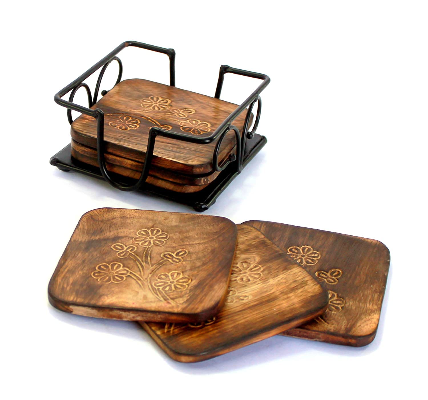 LyqArt Wooden Coaster Set of 6 - Natural Wood Drink Coasters for Coffee, Tea, Beer & Wine - Elegant Home & Office Table Decor for Dining, Bar & Living Room - Protect Furniture from Stains & Water Rings