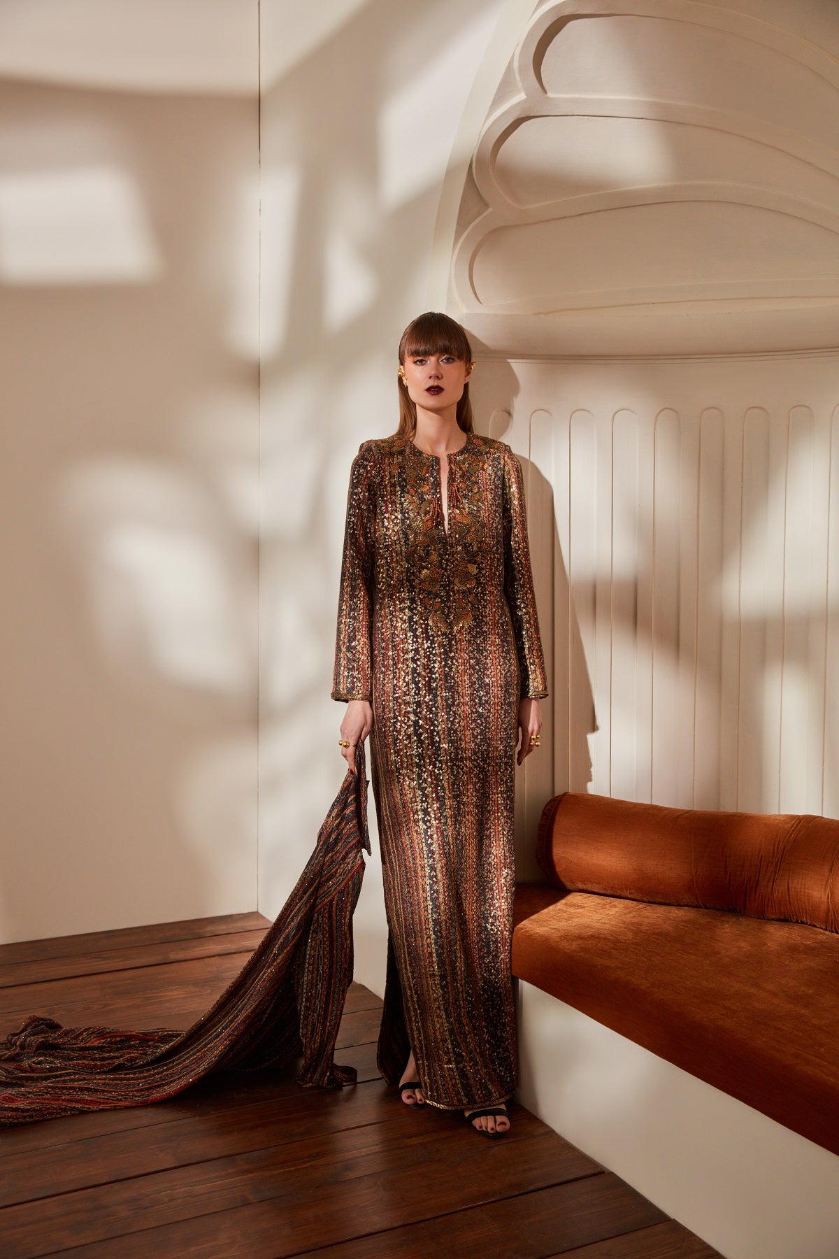 Elegant Stripe Print Sheeted Slit Dress with Baroque Hand Embroidery - Perfect for Evening Parties and Special Occasions