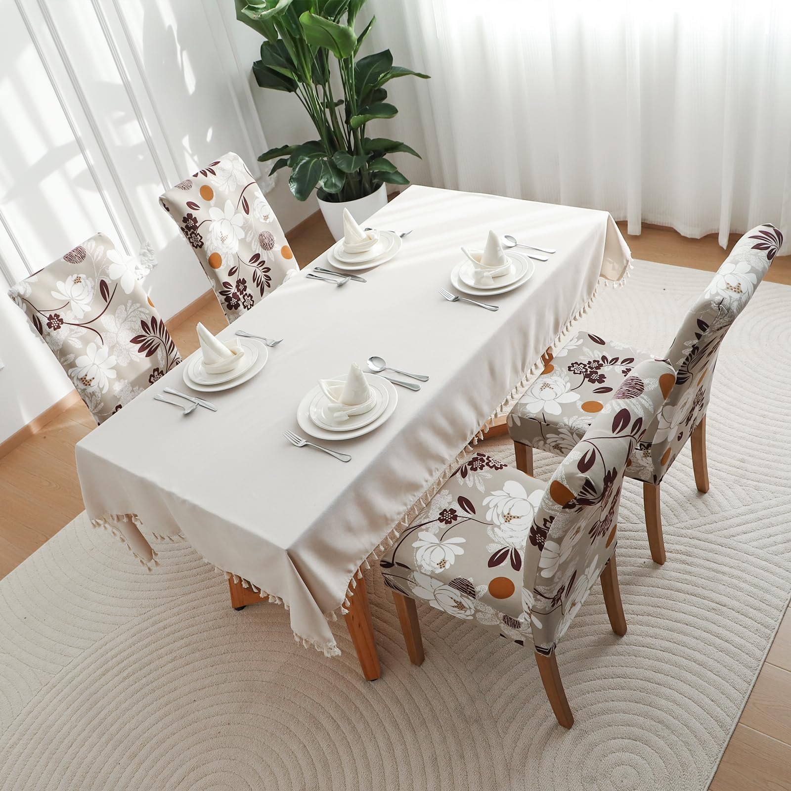 FORCHEER Stretch Dining Chair Covers Set of 4 - Beige Floral Pattern Washable Slipcovers for Kitchen, Parsons & Dining Room Chairs | Perfect for Home Decor, Parties & Daily Use (Pack of 4)