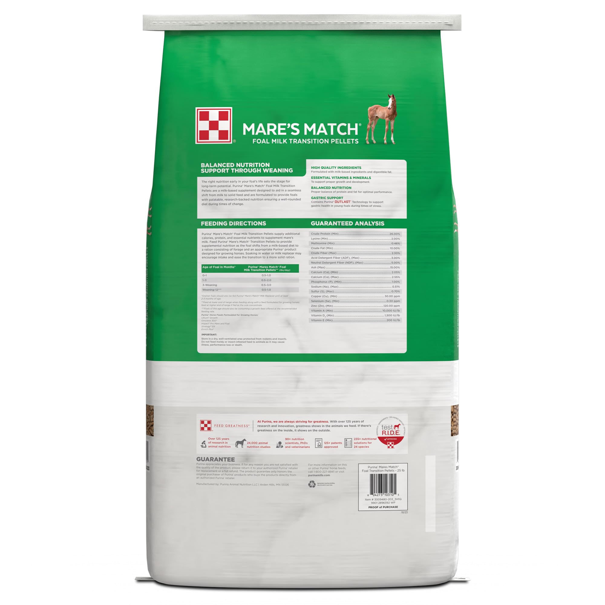 Purina Mare's Match Foal Horses Milk Transition Pellets - 25 LB Bag | High Protein Foal Nutrition for Healthy Growth & Weaning | Ideal for Foal Development & Mare Milk Replacement
