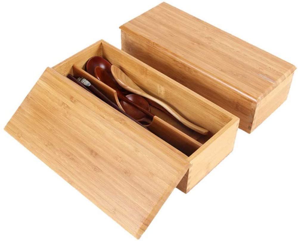 Premium Wooden Double Grid Storage Box - Bamboo Cutlery Organizer for Tableware, Chopsticks & Spoons with Lid - Perfect for Kitchen, Dining Room & Picnic Organization