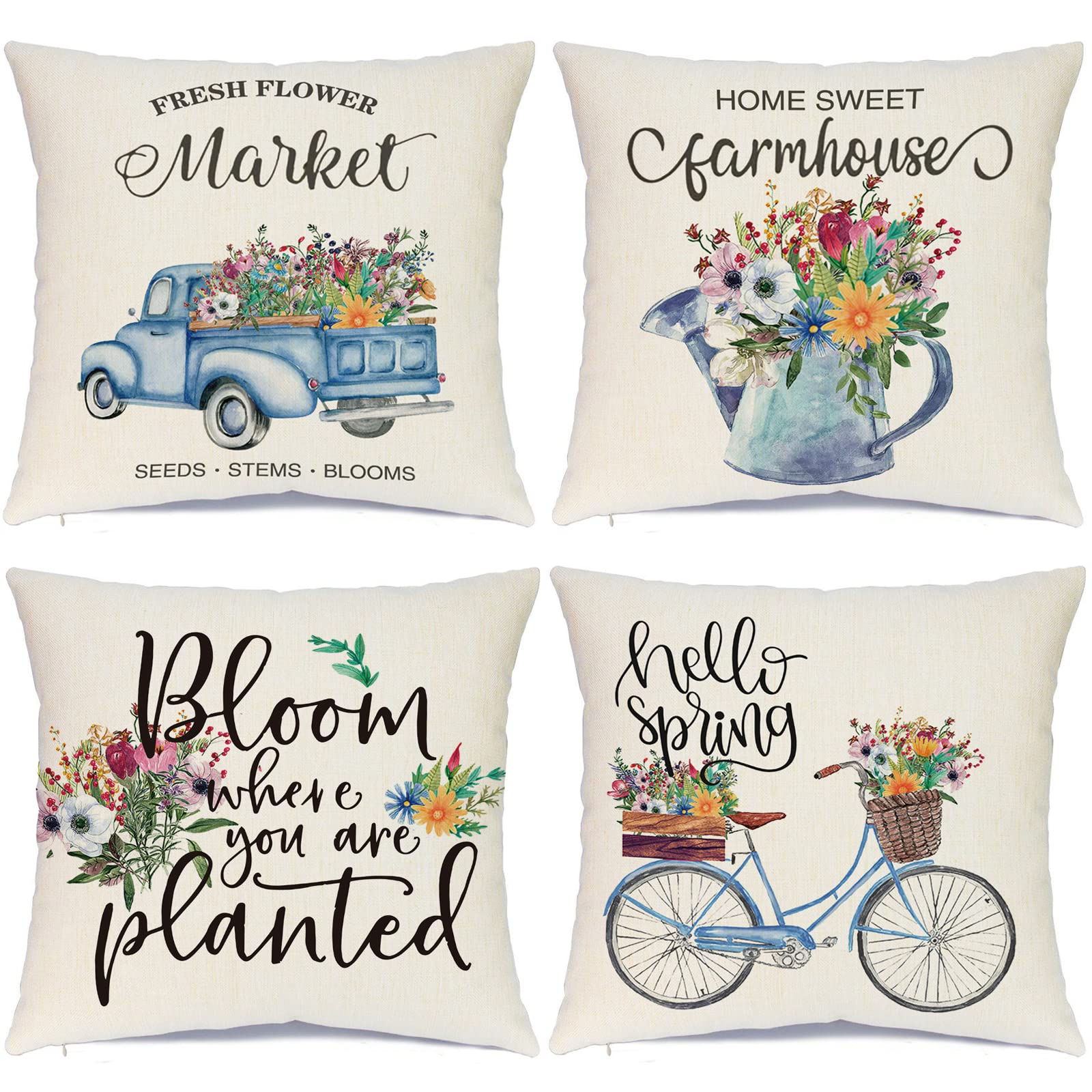 Farmhouse Spring Pillow Covers Set of 4 - 18x18 Inch Blue Truck & Bicycle Floral Design Decorative Throw Pillow Cases for Sofa, Bedroom, Living Room | Seasonal Home Décor & Cozy Interior Styling