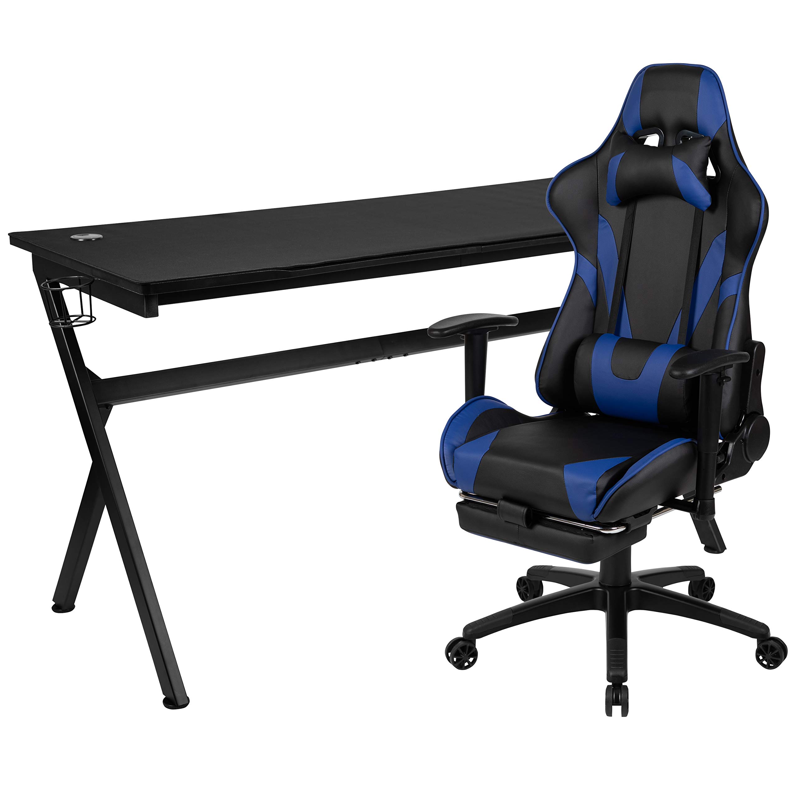 EMMA + OLIVER Black and Blue Gaming Desk Bundle with Cup Holder, Headset Stand & Mouse Pad - Perfect for PC & Console Gaming Setup, Home Office & Streaming Station