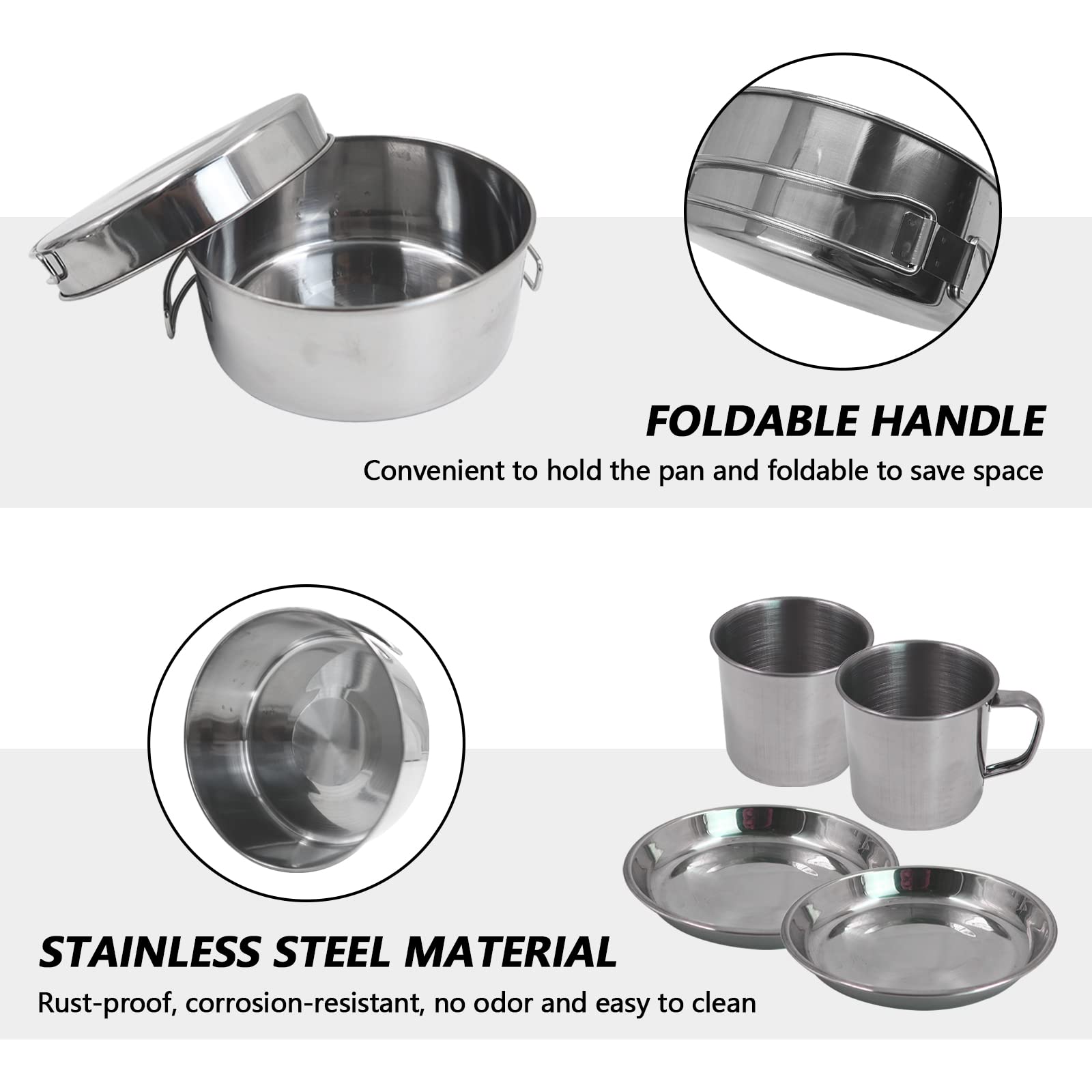 10Pcs Stainless Steel Camping Cookware Set - Lightweight Mess Kit with Folding Handle, Pots, Pans, Cups & Utensils for Backpacking, Hiking, Outdoor Adventures & Emergency Preparedness