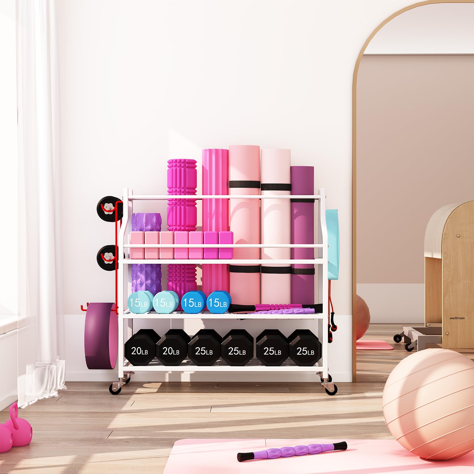 VILAWLENCE Yoga Mat Storage Rack Cart - Multifunctional Home Gym Organizer for Dumbbells, Kettlebells & Jump Ropes - Large Capacity Exercise Equipment Storage Solution for Yoga Mats, Weights & Fitness Gear - Perfect for Home Gym Organization & Workout Space Optimization