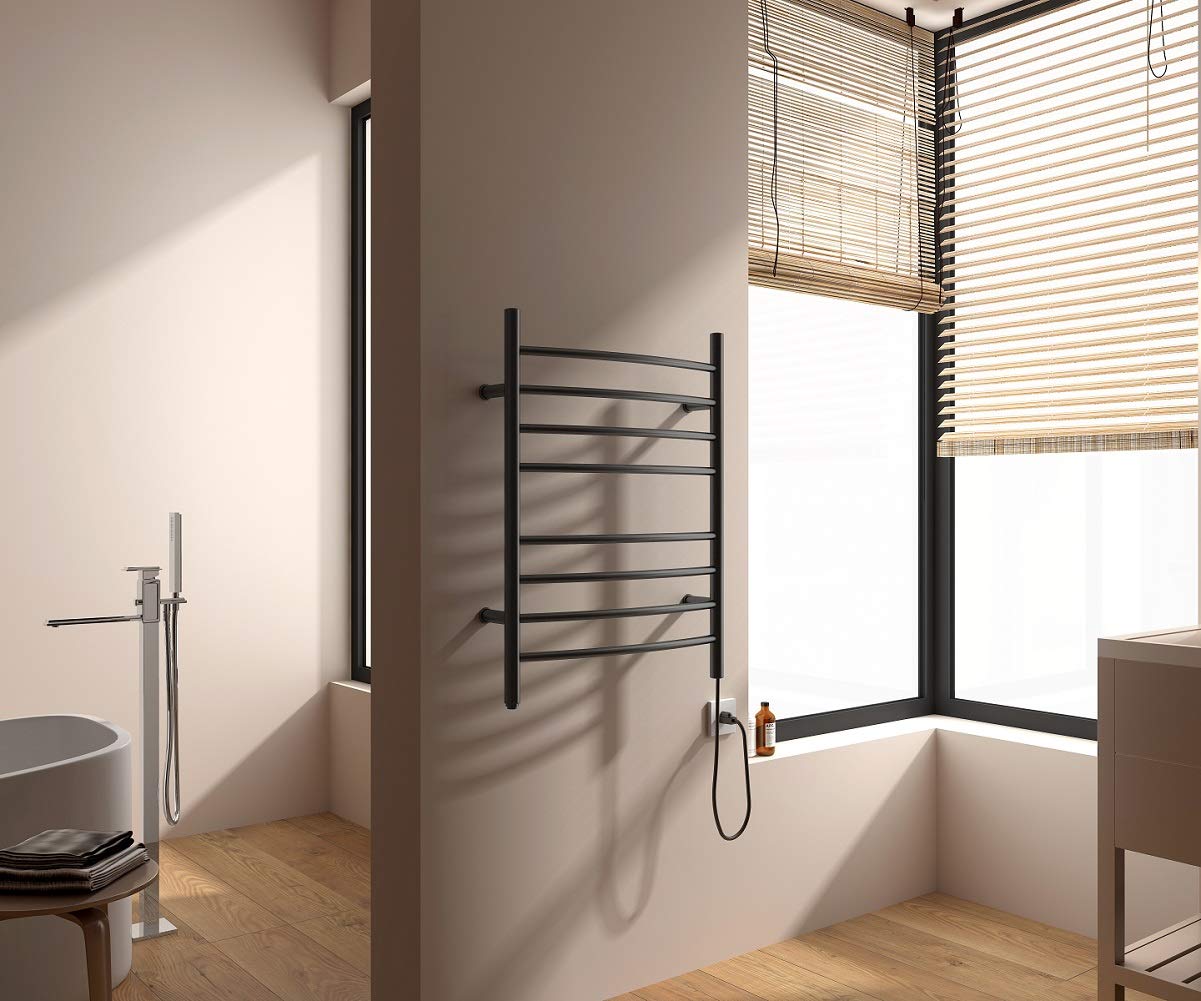 Heated Towel Warmer - 8 Bar Plug-in Bath Towel Heater & Drying Rack for Bathroom | Matte Black | Warm Towels for Spa, Hotel & Home Luxury
