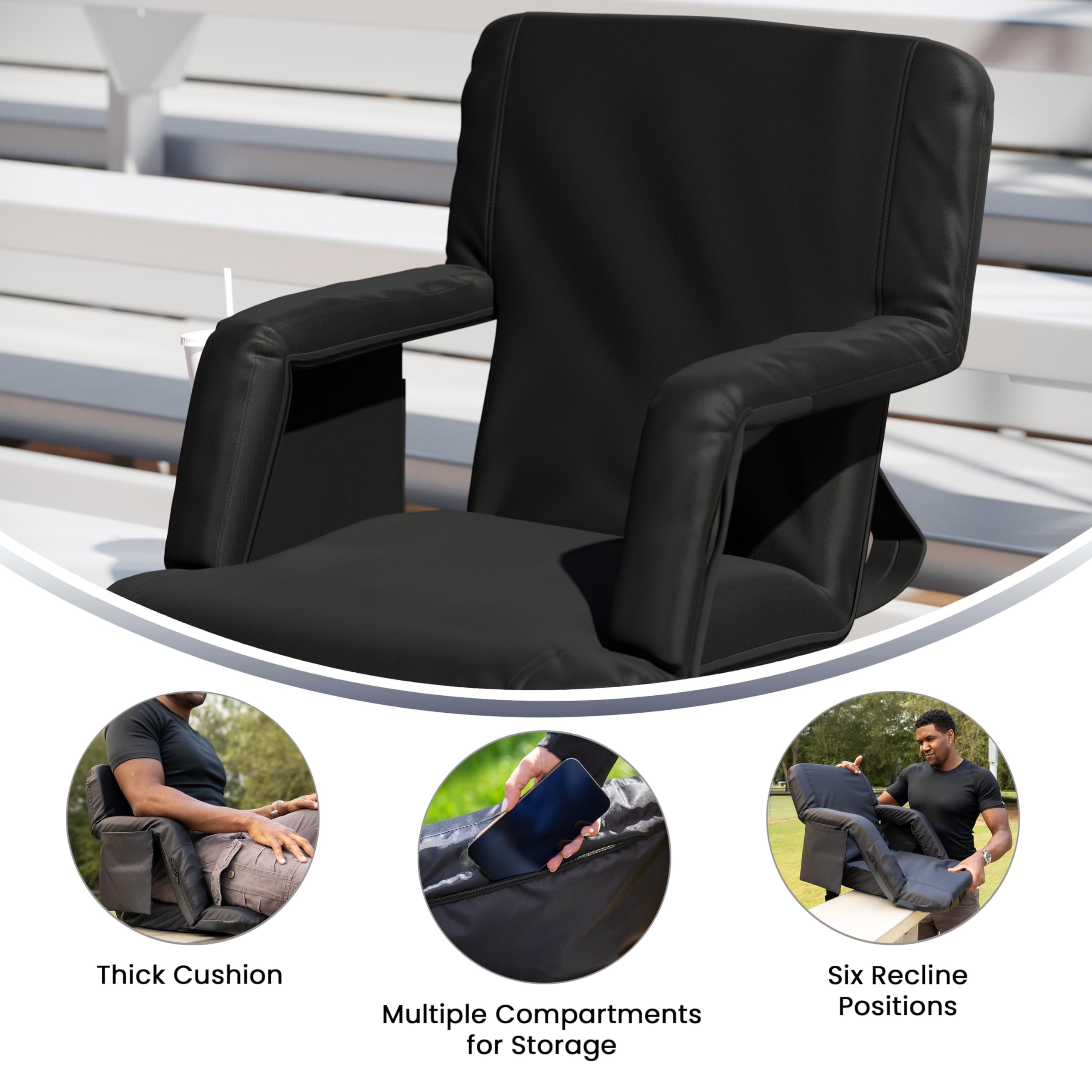 **Flash Furniture Malta Portable Stadium Seats – 2-Pack Padded Bleacher Chairs with Backpack Straps & Storage, 265 lb Capacity, Black – Perfect for Sports Games, Concerts, and Outdoor Events**