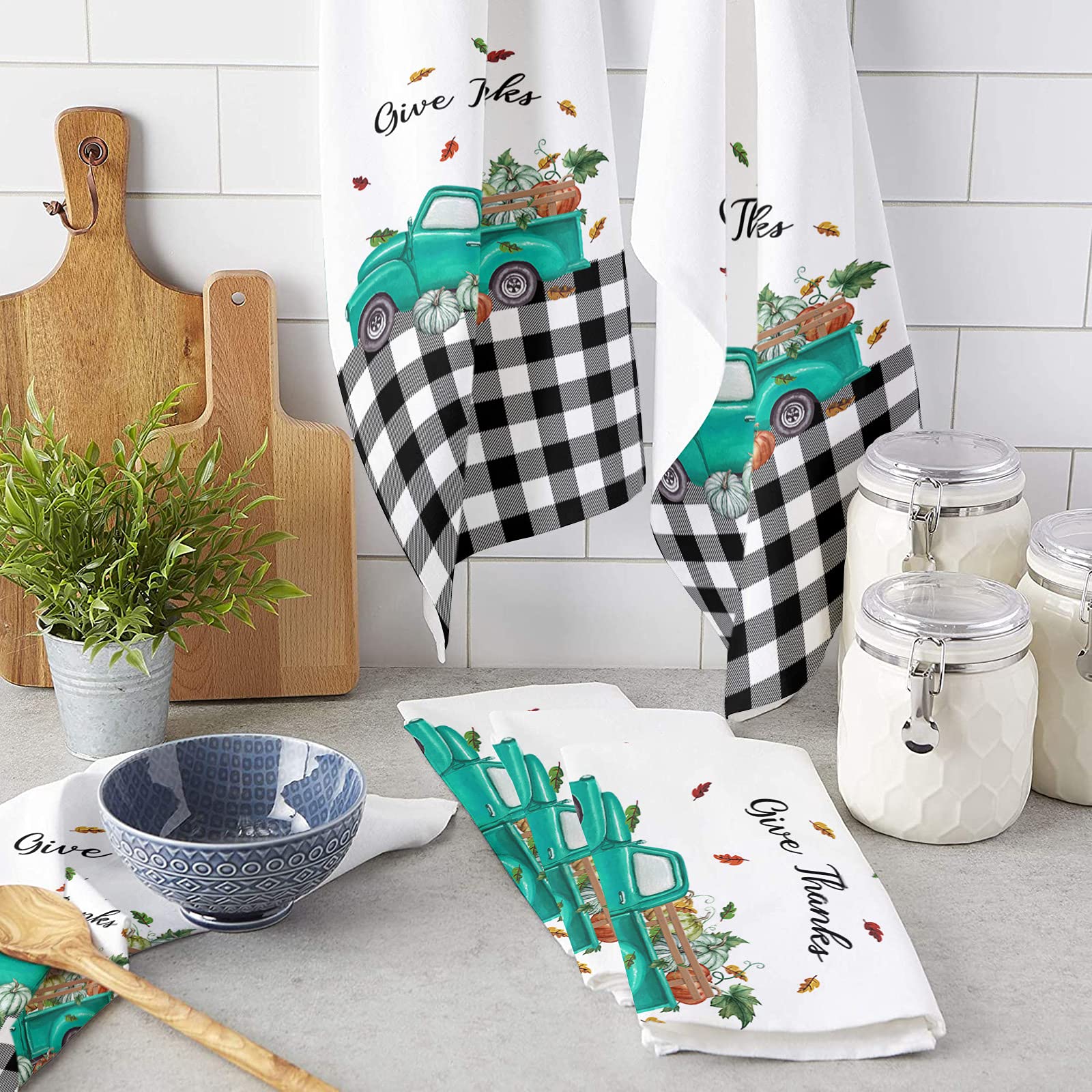 Premium Cotton Kitchen Towels Set - 16x28 Inches Soft Absorbent Dish Cloths, Tea Towels & Hand Towels (1 Pack) - Thanksgiving Farmhouse Decor with Pumpkin & Blue Truck Design - Perfect for Holiday Cooking, Dish Drying & Home Decor