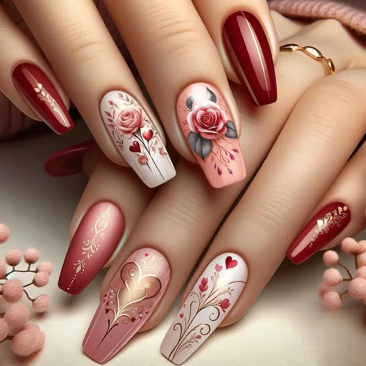 24Pcs Long Ballet False Nails - Dark Red Flower Press on Nails with Stripe French Coffin Design | Romantic Rose Medium Acrylic Fake Nails for Parties, Weddings & Special Occasions