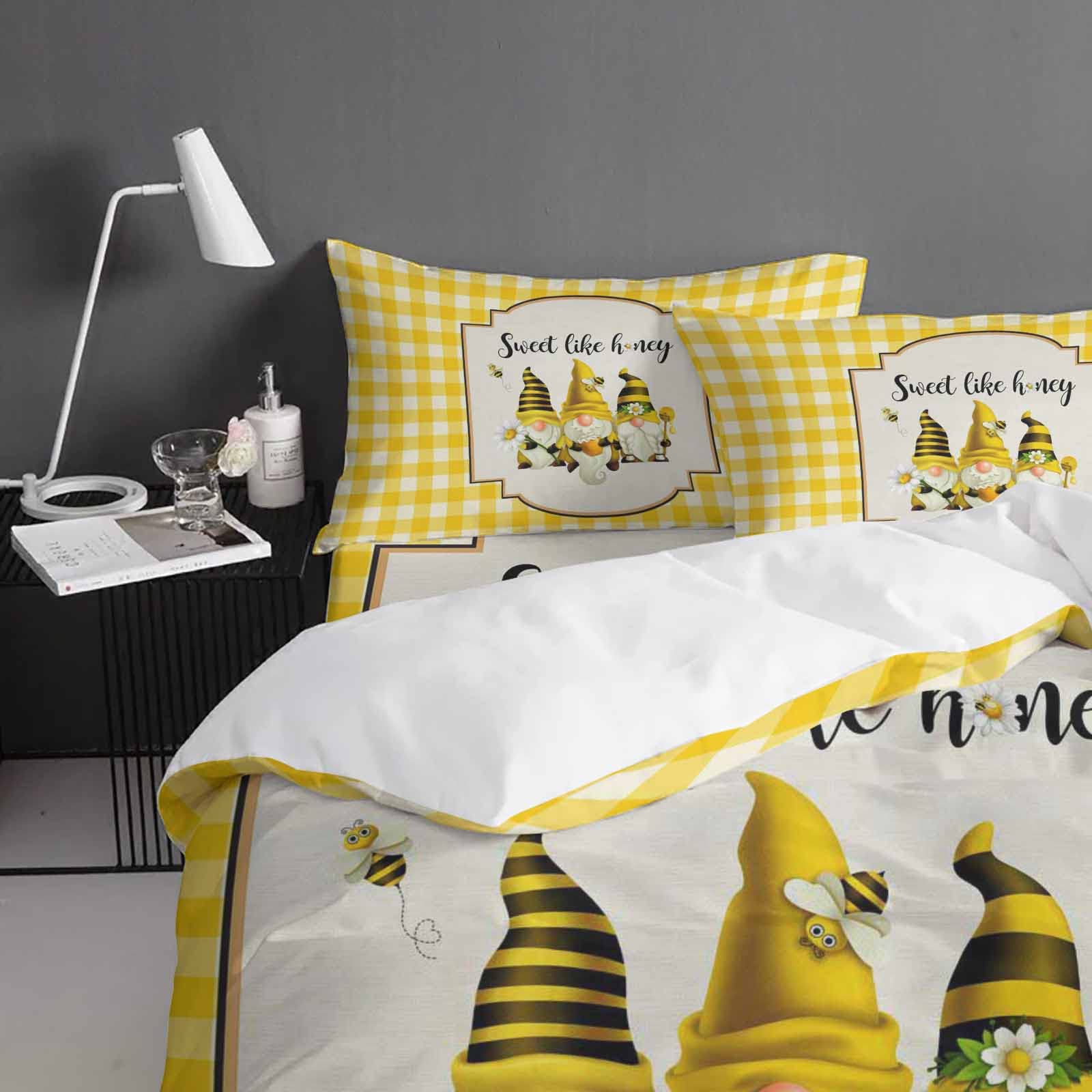Sweet Like Honey Summer Bee Gnome Daisy Yellow Buffalo Check Plaid Duvet Cover 4-Piece Set with Zipper Closure & Corner Ties - California King Size Bedding for Spring & Summer Decor