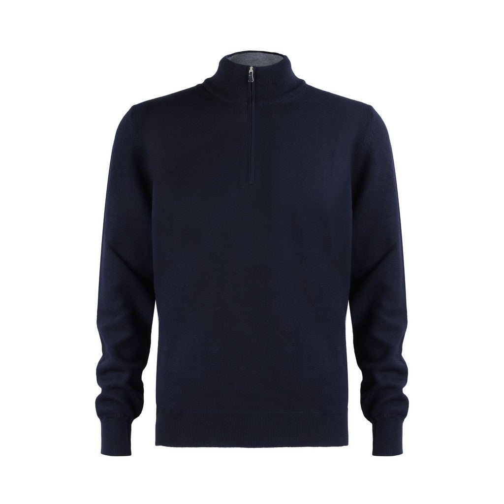 Premium GRAN SASSO Extra Fine Merino Wool Mock Neck Zip-Up Sweater for Men - Navy Blue | Warm & Soft Winter Pullover for Casual Wear & Outdoor Activities