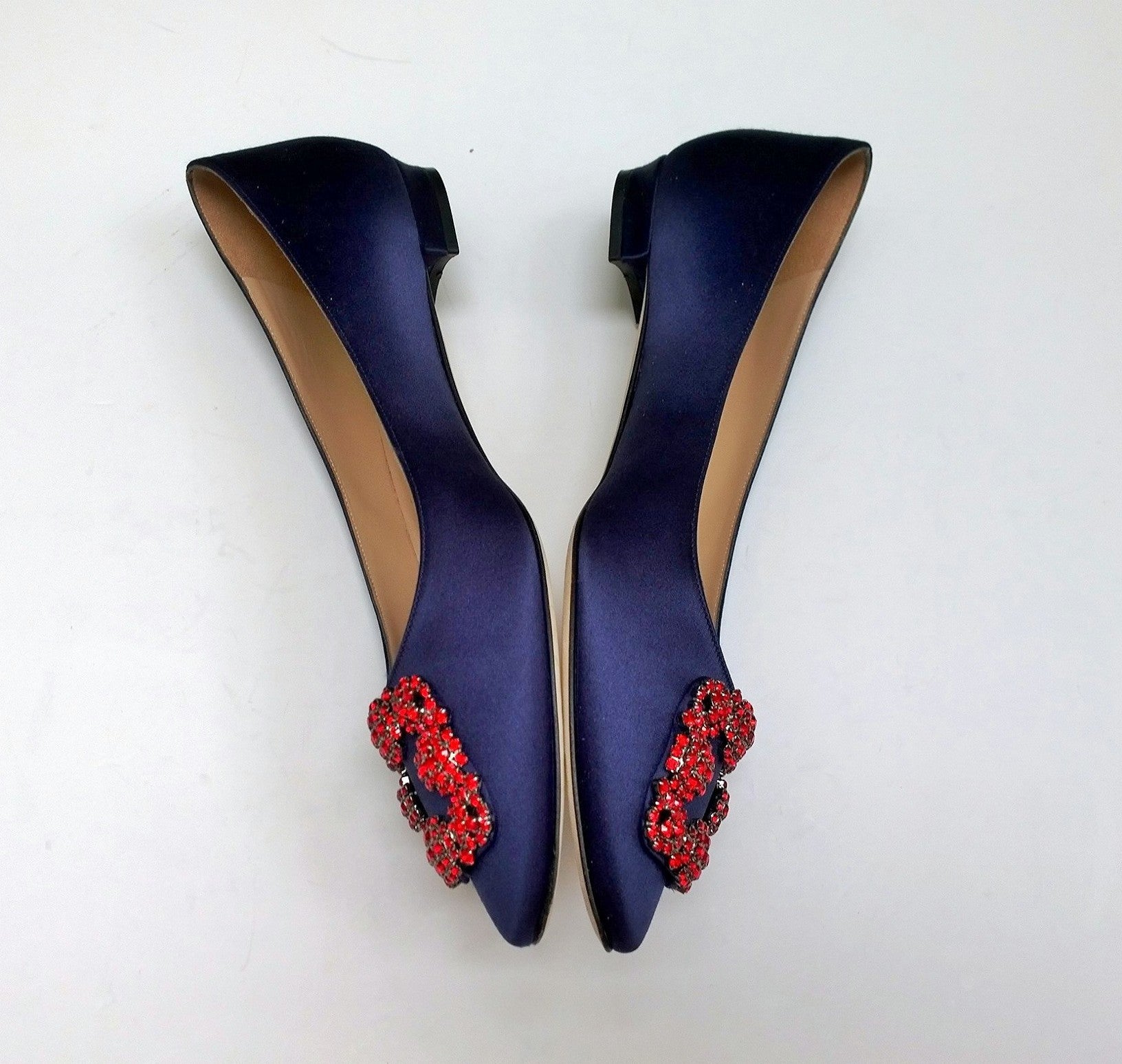 Manolo Blahnik Hangisi Flats - Navy Blue Satin Pumps with Red Rhinestone Buckle & Strass Details | Elegant Women's Dress Shoes for Weddings, Parties & Special Occasions