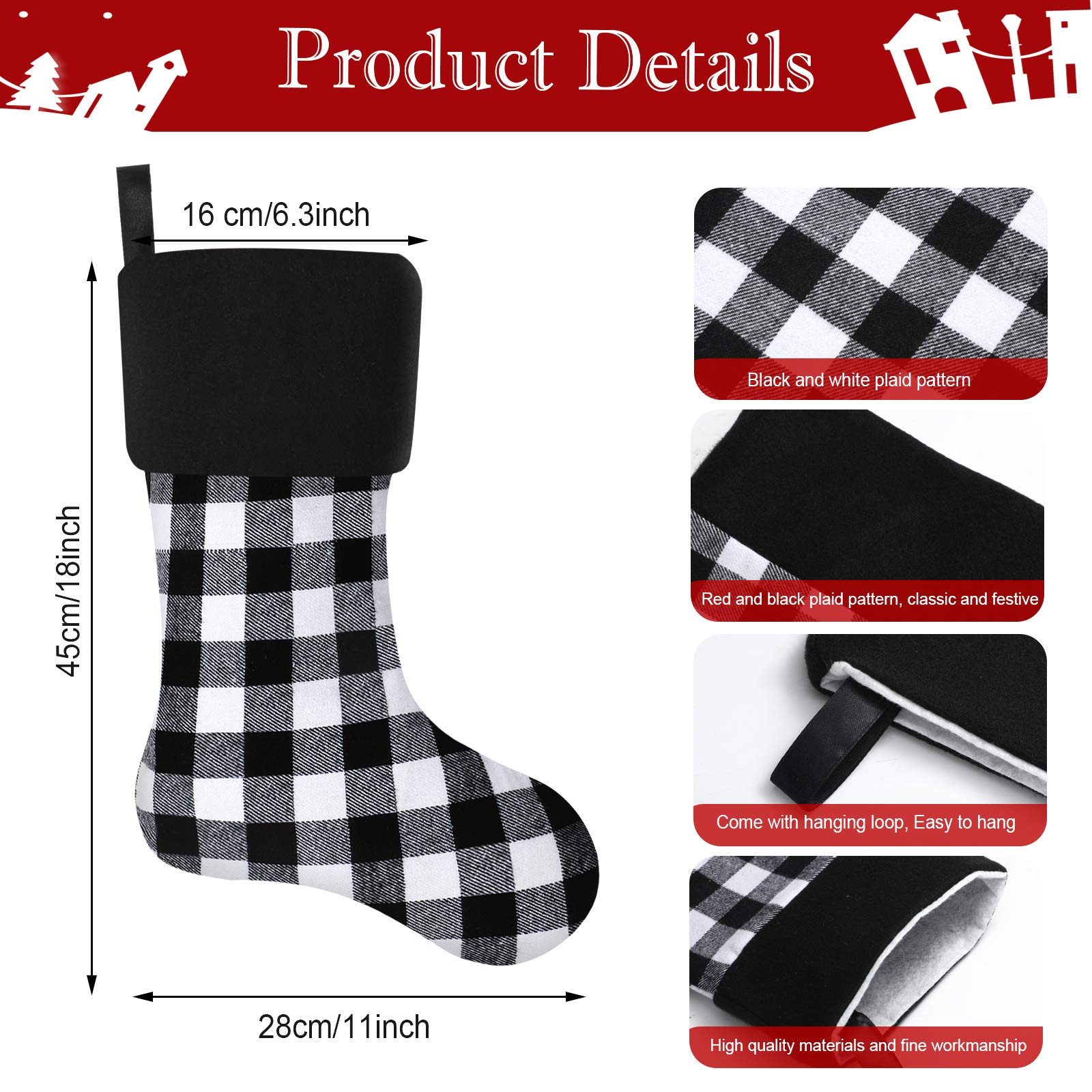Skylety 20 Inch Christmas Stockings - Plaid Holiday Stockings with Faux Fur Cuff for Fireplace Decorations, Family Xmas Party (Black & White, Set of 6) - Perfect for Christmas Tree Decor, Gift Exchange & Festive Home Decor