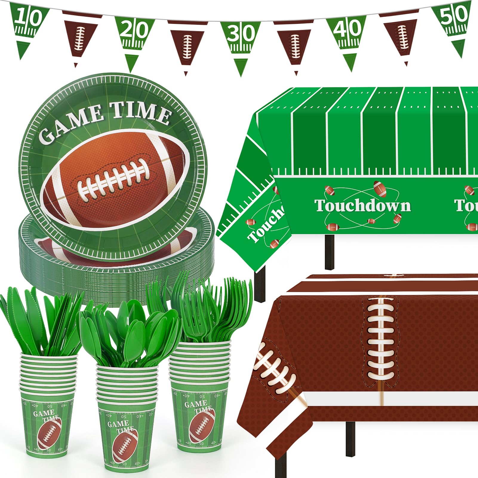 133Pcs Football Party Supplies Set - Disposable Plates, Cups, Utensils, Banner & Tablecloth for Football Themed Birthday, Home & Dinner Decorations | Perfect for Game Day Celebrations, Tailgating & Sports Parties