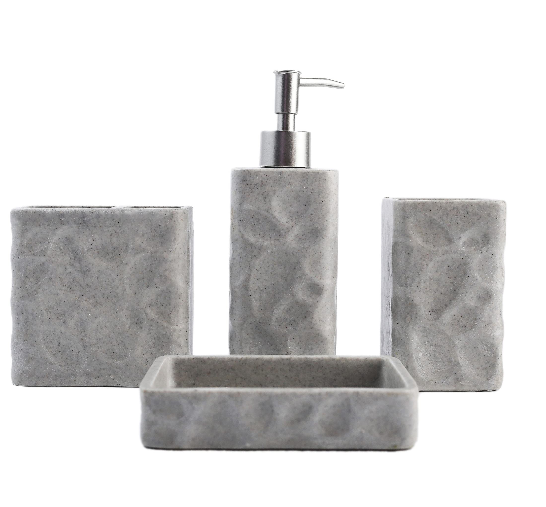 Hymmah 4-Piece Farmhouse Bathroom Accessories Set - Resin Toothbrush Holder, Soap Dispenser, Soap Dish & Tumbler | Rustic Decor for Bathroom, Apartment Essentials | Perfect for Guest Bathrooms, Small Spaces & Housewarming Gifts