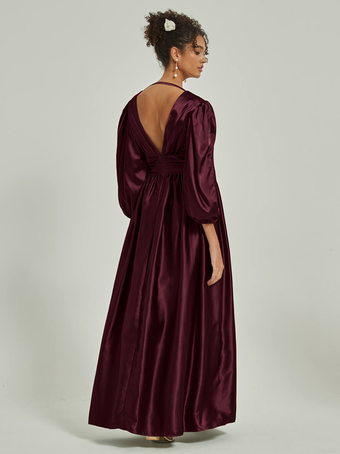 Elegant Cabernet Satin Bridesmaid Dress with 3/4 Sleeves, V-Neck & Pleated Slit Detail - Perfect for Weddings, Formal Events & Special Occasions