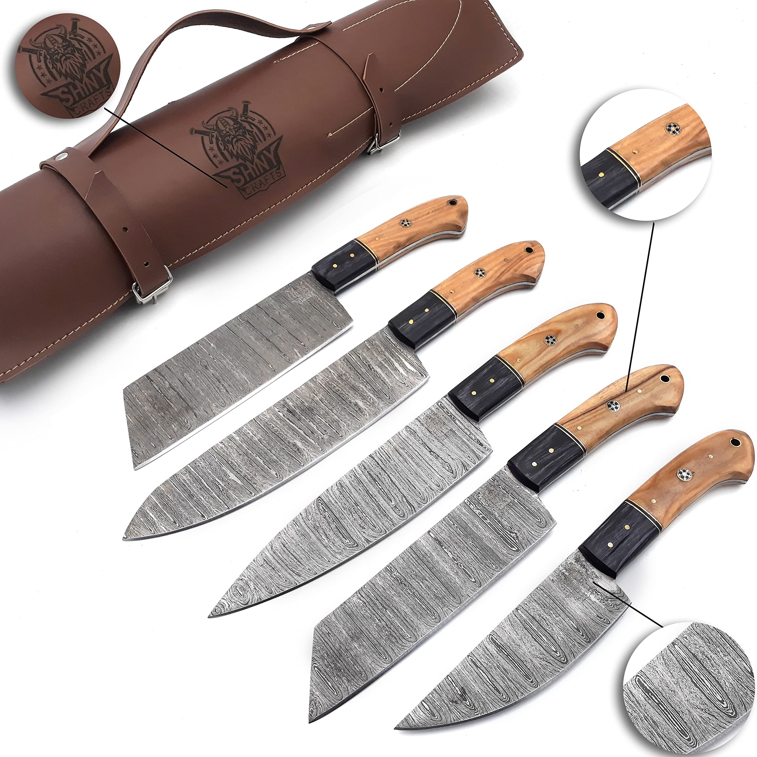 Premium Handmade Damascus Steel Kitchen Knife Set with Camel Bone Handle - Razor-Sharp Chef Knives in Leather Pouch Roll (CS-17) - Perfect for Professional Chefs, Home Cooking & Culinary Gifts