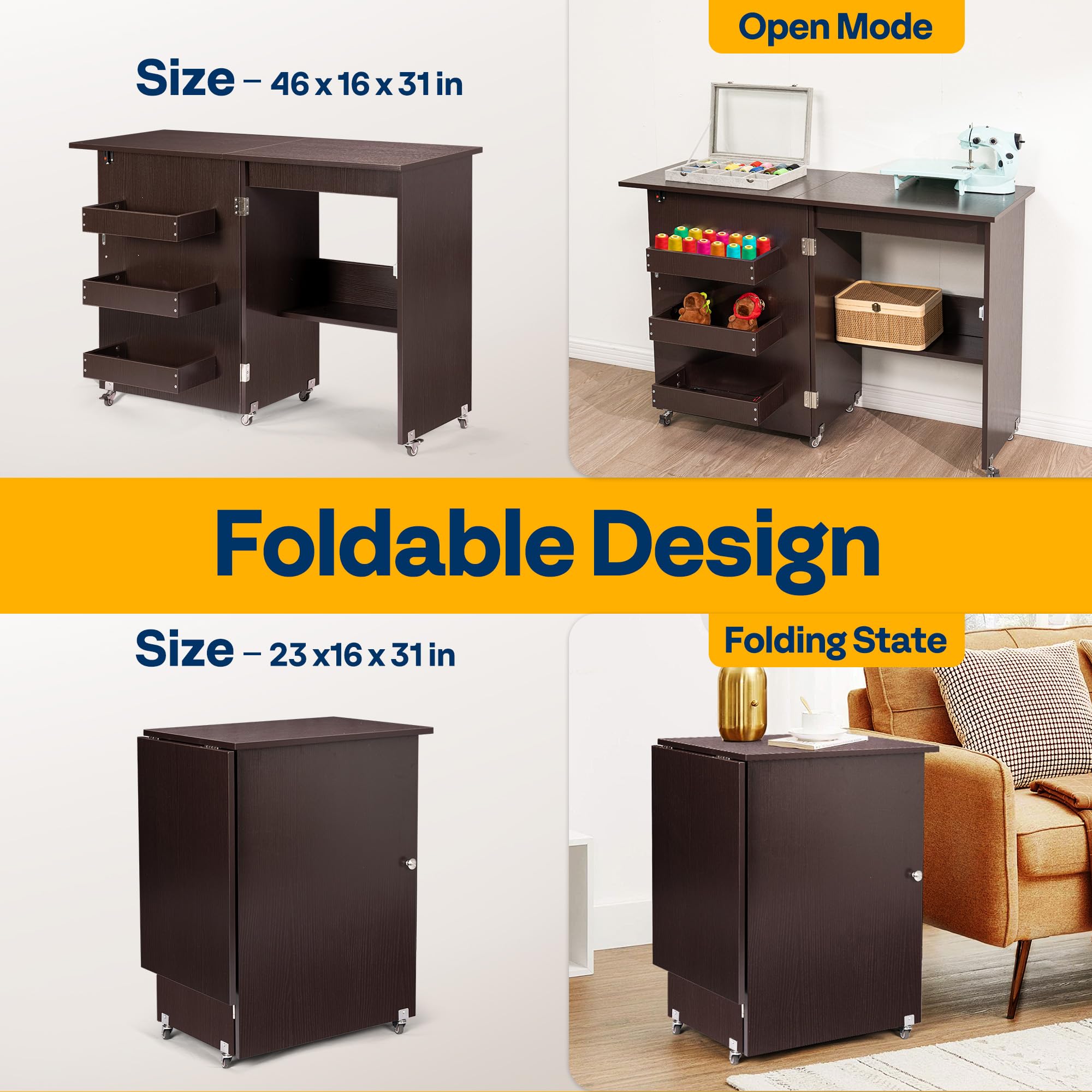VIVOHOME Folding Sewing Craft Table with Storage Shelves & Lift - Rolling Sewing Machine Desk for Small Spaces, Dark Brown - Perfect for Quilting, DIY Projects & Home Crafting