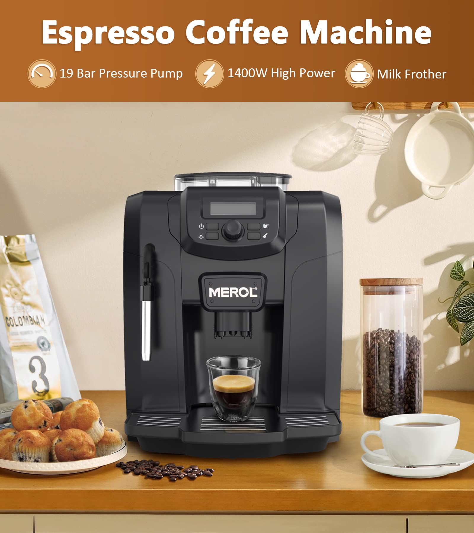 Fully Automatic Espresso Coffee Machine 19 Bar with Built-in Adjustable Grinder & Milk Frother - Perfect for Cappuccino, Latte, Macchiato - Ideal for Home Baristas & Coffee Lovers (ME-715, Black) - Great for Kitchen, Office, and Coffee Shops