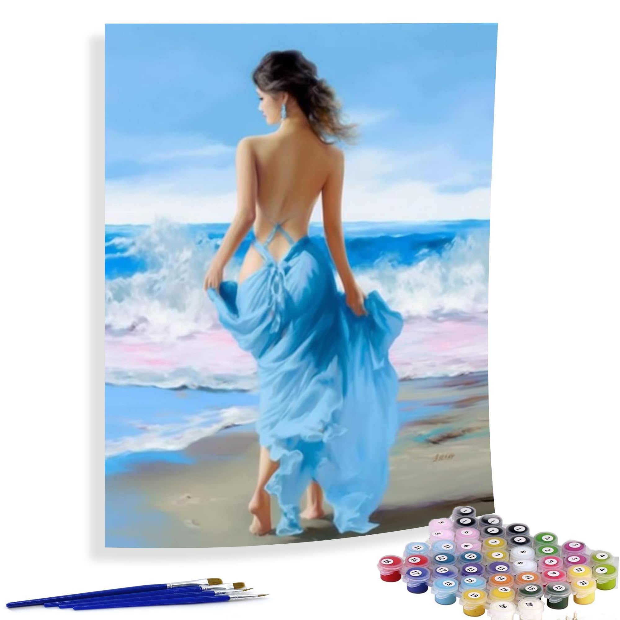 DIY Oil Painting by Numbers Kit for Adults & Kids - Seaside Blue Dress Woman Acrylic Paint by Numbers for Beginners - 16x20 Inch Home Wall Decor Art - Perfect for Relaxation, Stress Relief & Creative Gift