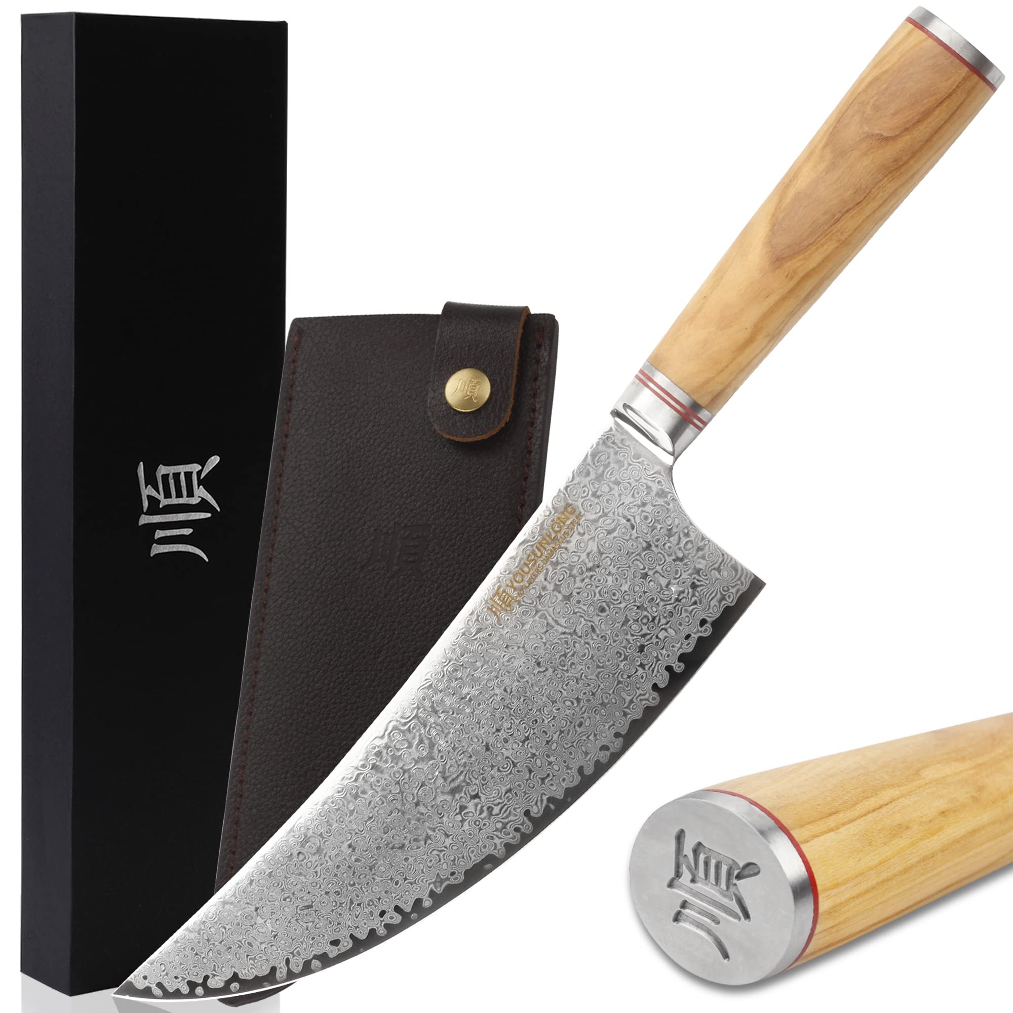 YOUSUNLONG 8'' Damascus High Carbon Steel Butcher Cleaver Knife with Italian Olive Wood Handle & Leather Sheath - Professional Meat Cleaver for Cutting Beef, Pork, BBQ - Perfect for Home Kitchens, Butcher Shops, and Outdoor Grilling