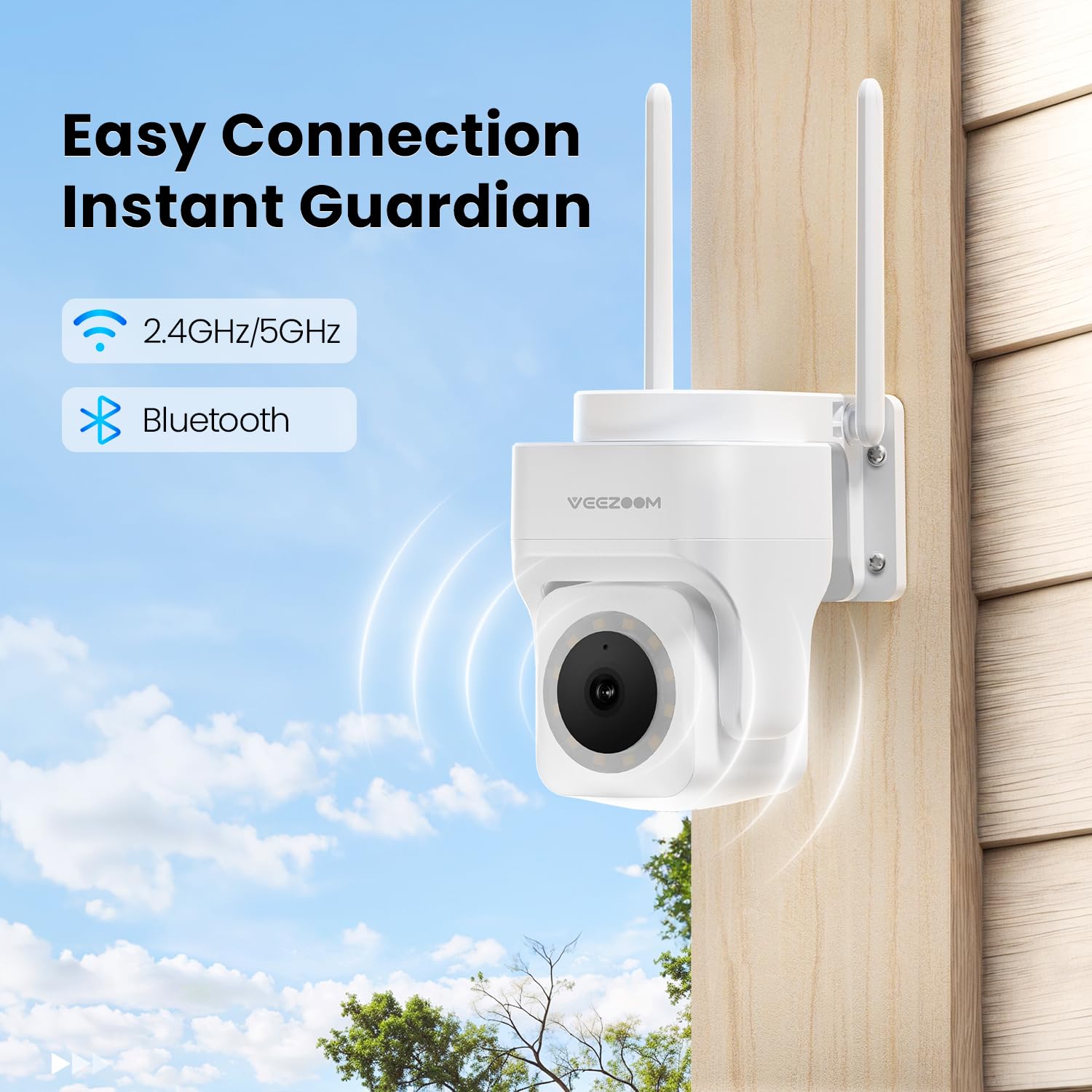 Veezoom 4MP/2K Outdoor Security Camera with 360° View, 2.4G/5GHz WiFi, Wired Plug-in Power, Motion Tracking, Two-Way Talk & Spotlight Color Night Vision - 24/7 Home Security Surveillance for Front Door, Backyard & Garage