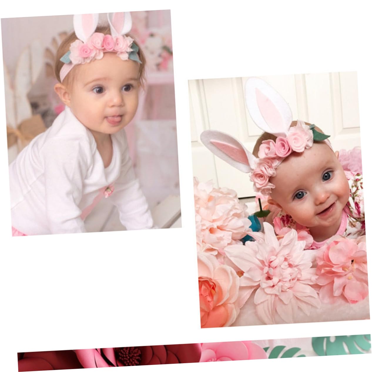 Minkissy Rose Headband for Baby Girls - Floral Bunny Ears Hair Accessories for Easter, Woodland Theme Party, Spring Photography & Kids Costume (Infant Headband, Hair Ties, Toddler Headpiece)