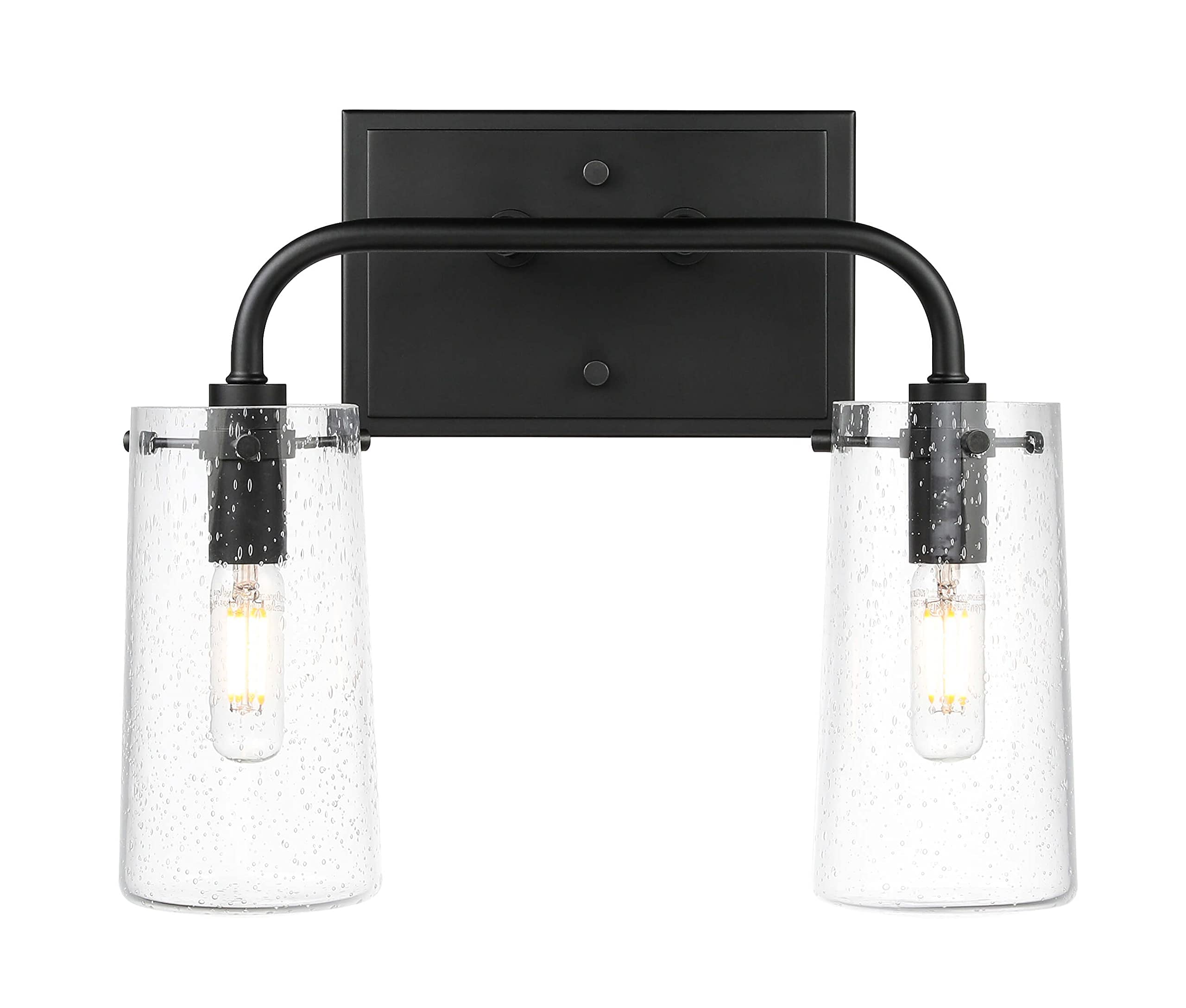 XiNBEi Modern 2-Light Bathroom Vanity Light Fixture with Seeded Glass, Matte Black Wall Mounted Mirror Lighting - Perfect for Bathroom, Powder Room & Dressing Room Makeup Area (Model XB-W1283-2-MB)