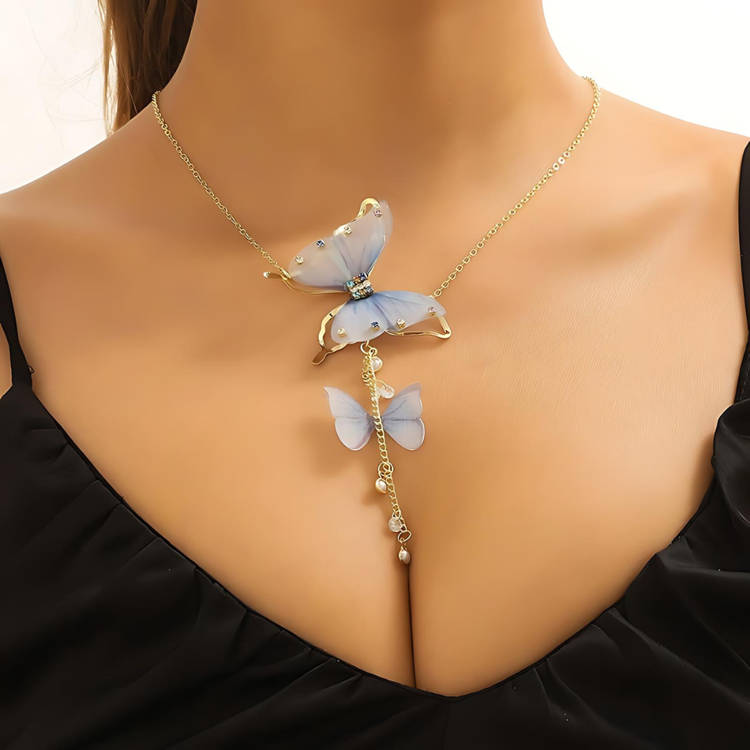 Elegant Pink Butterfly Tassel Lariat Y Necklace with Pearl Accents | Dainty Boho Jewelry for Women | Perfect for Parties, Weddings & Date Nights | HN3246