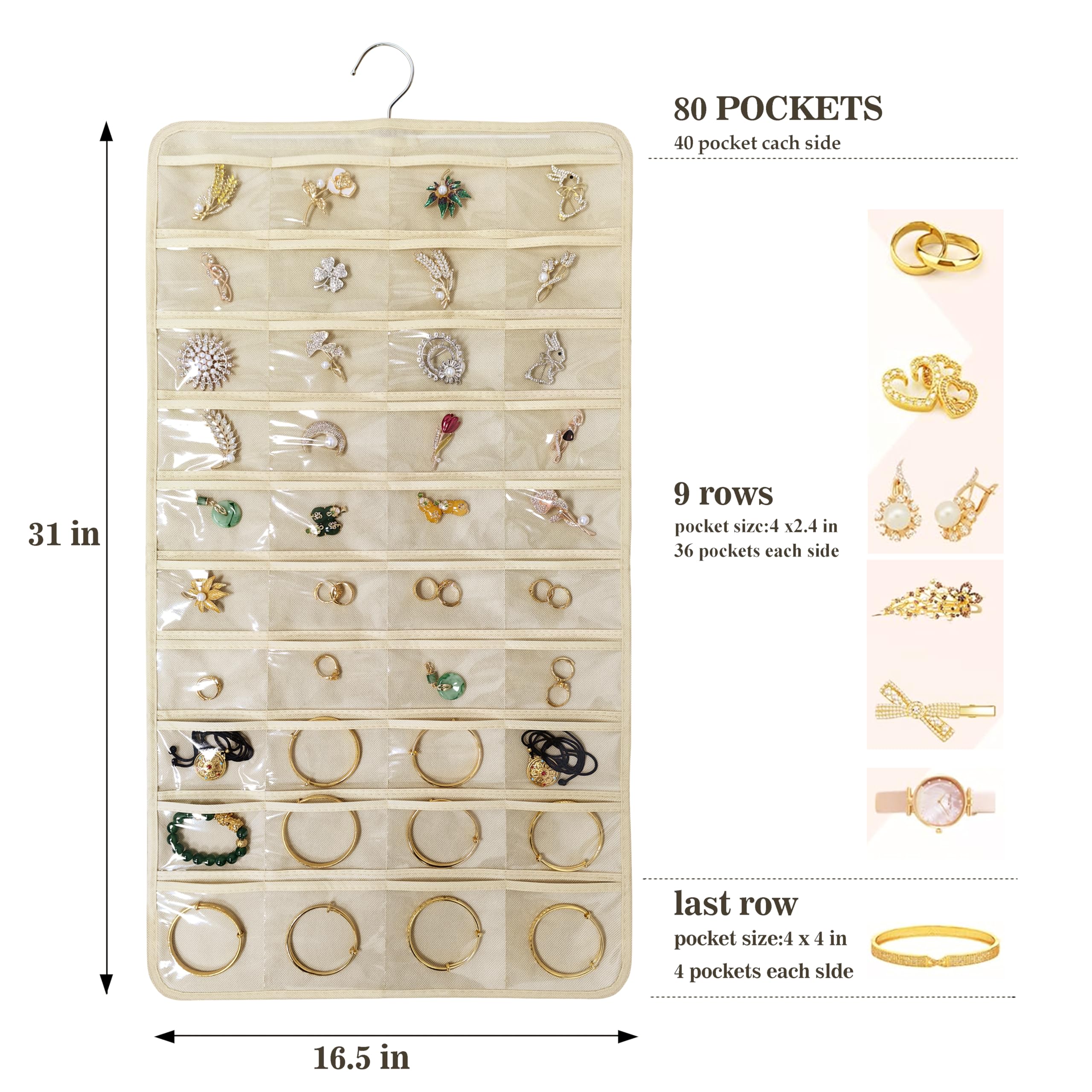 2 Pack (160 Pockets Total) Double-Sided Hanging Jewelry Organizer with Metal Hooks - Wall/Door/Closet Storage for Earrings, Necklaces, Rings - Space Saving Beige Jewelry Holder (2 Pcs) - Perfect for Bedroom, Bathroom & Travel Organization